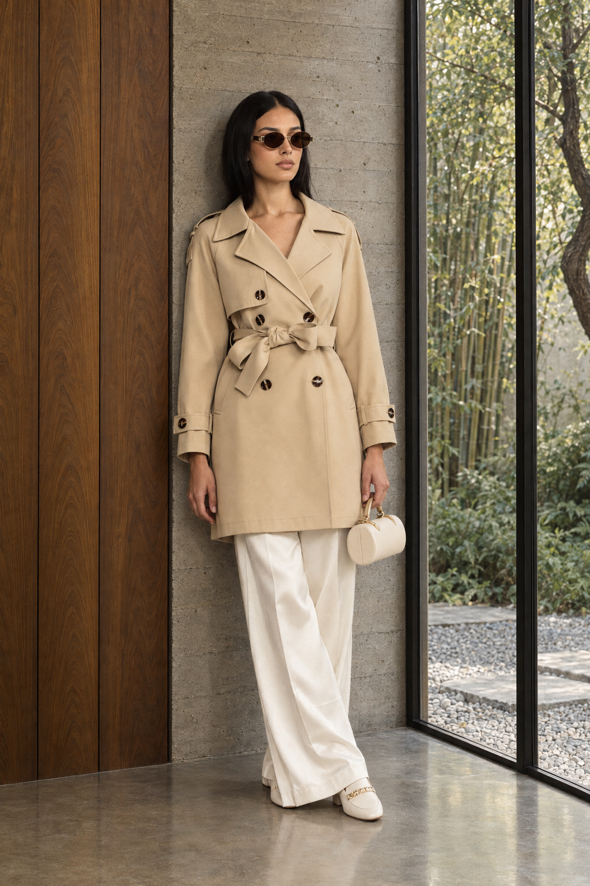 Trench-coat plissé au dos avec ceinture - kaki 