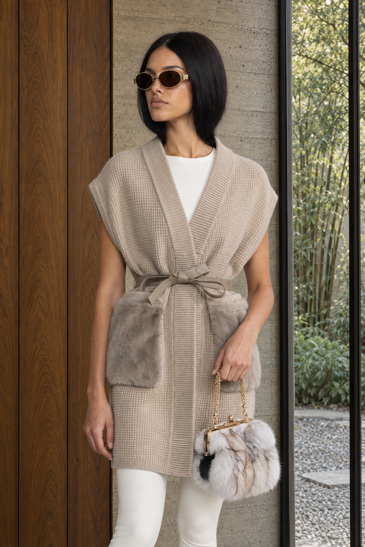 Gilet en maille gaufrée ceinturé avec poches en fourrure - Beige 
