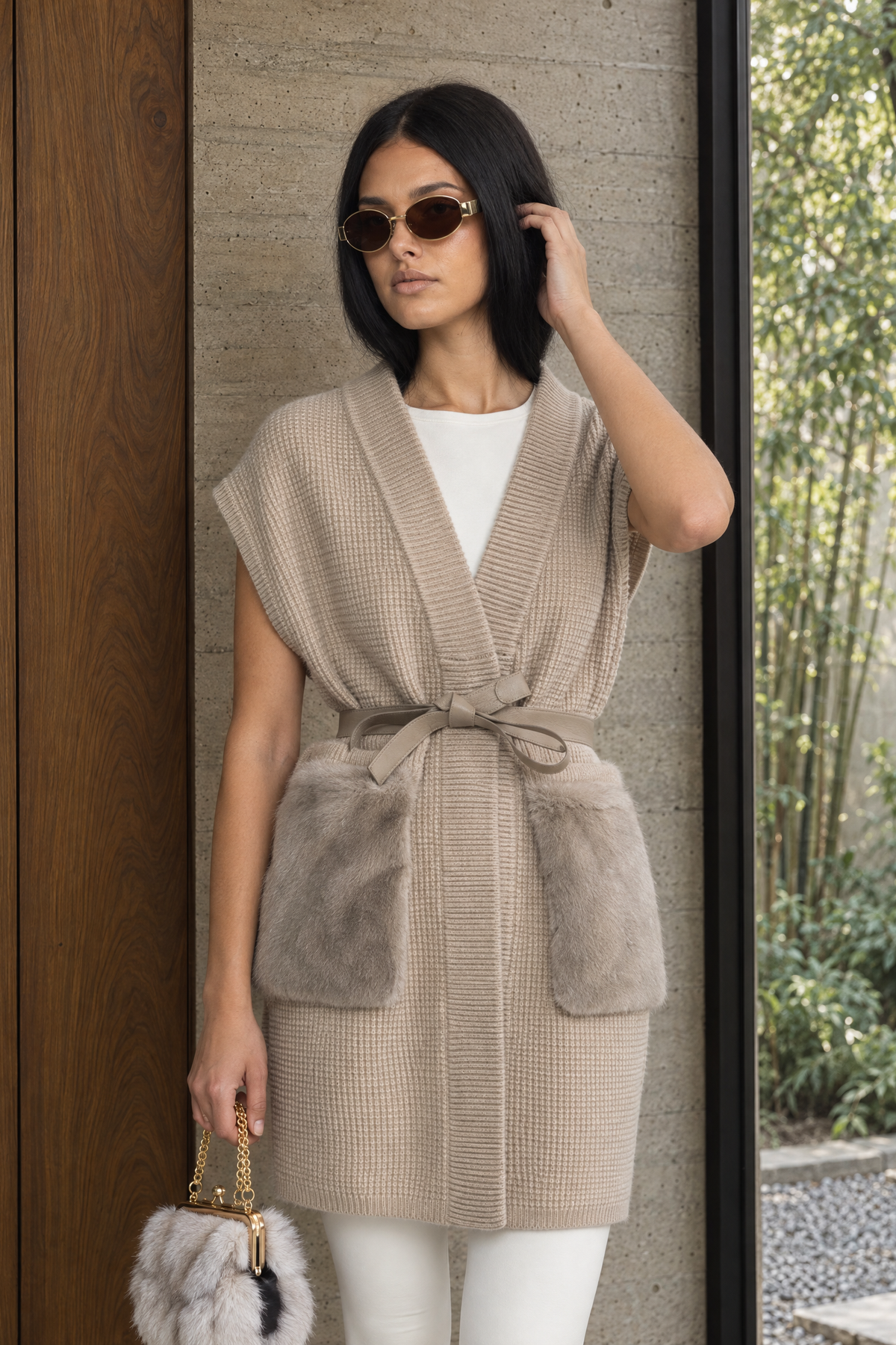 Gilet en maille gaufrée ceinturé avec poches en fourrure - Beige 