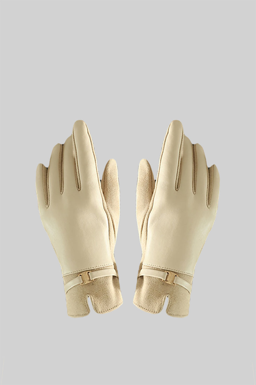 Gants en cuir vegan et daim avec détail boucle dorée - Beige 