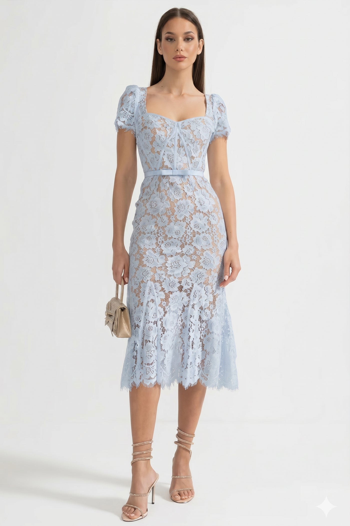 Robe en dentelle à manches courtes avec délicate ceinture assortie à la taille - Blue 