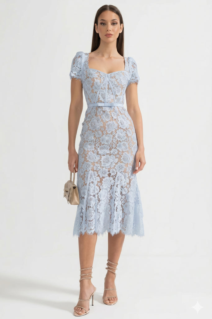 Robe en dentelle à manches courtes avec délicate ceinture assortie à la taille - Blue 