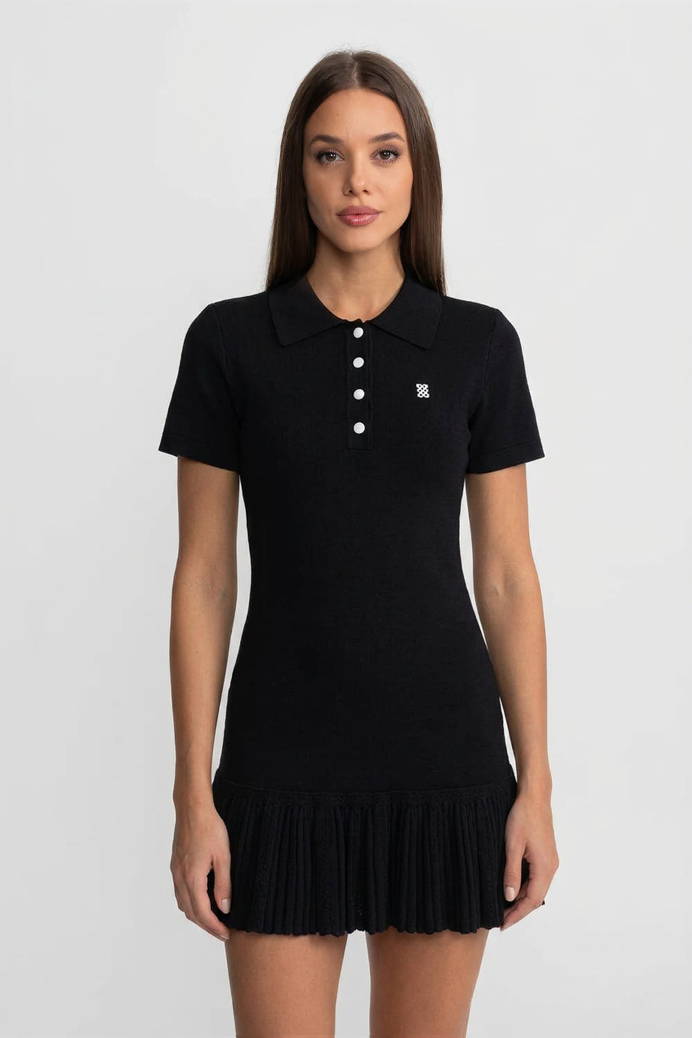 Robe Mini Polo à Manches Courtes avec Ourlet à Volants Plissés - Noir 