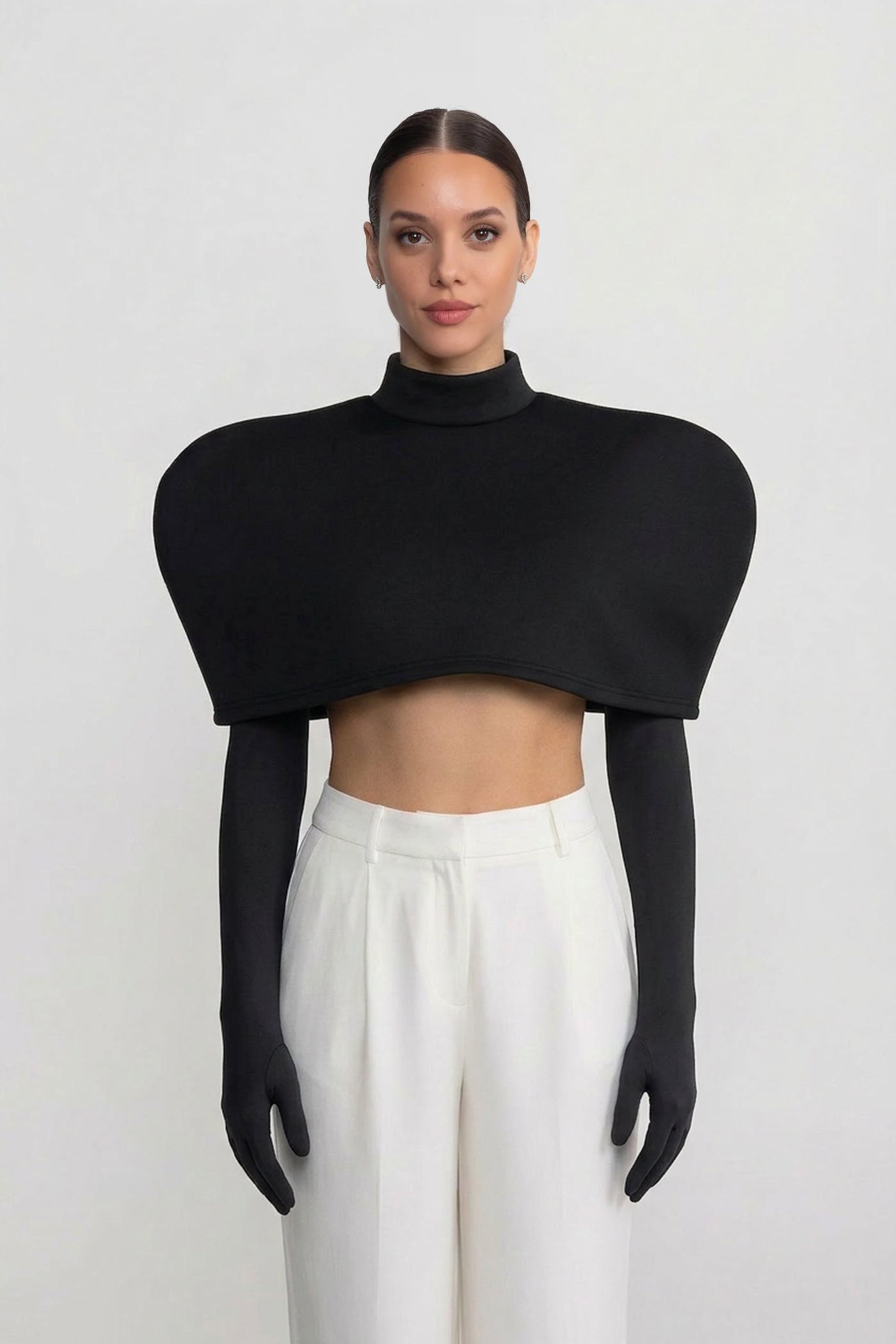 Cropped Top and Cape Set With Sculptural Shoulder Cape - Black