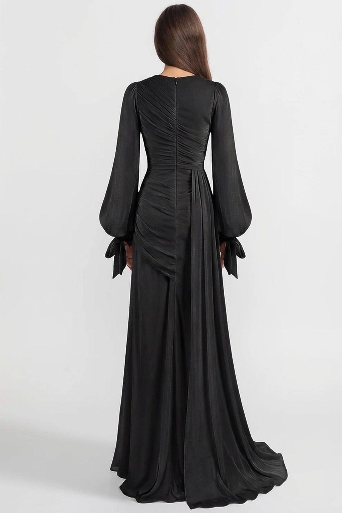 Robe longue drapée à manches longues avec taille froncée – Noir 