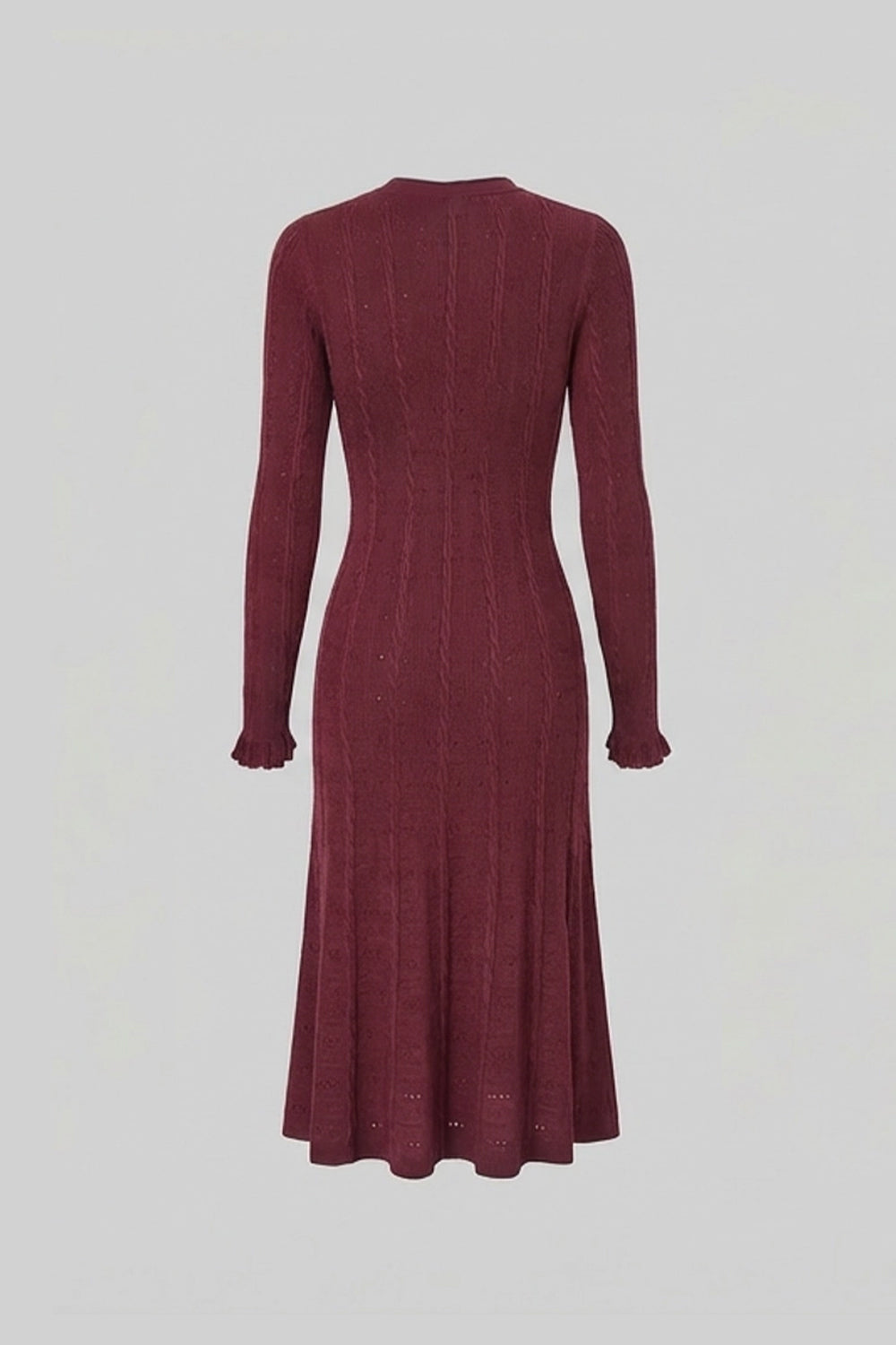 Knit Button-Front Midi Dress with Pointelle Detailing – Burgundy