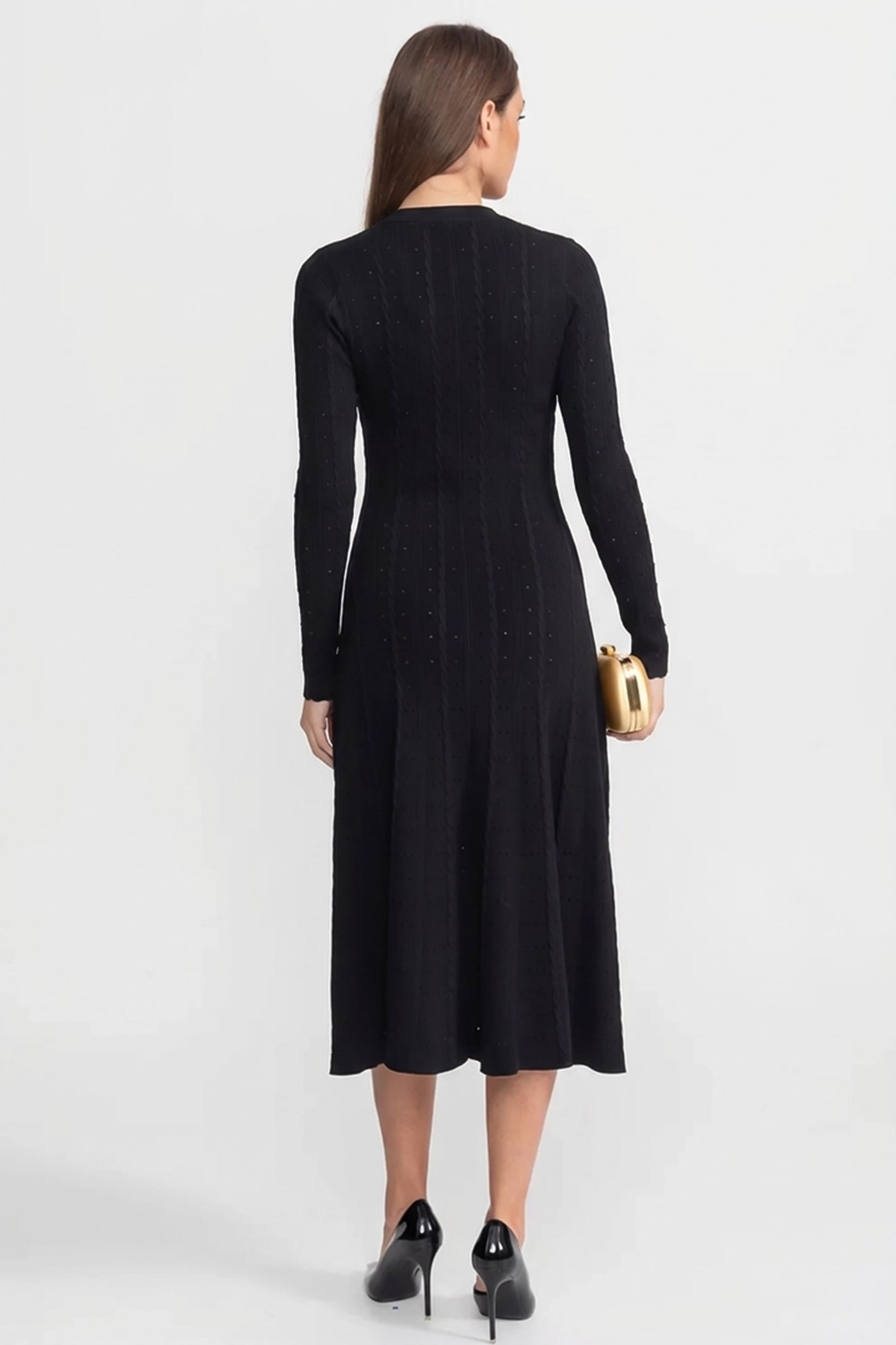 Knit Button-Front Midi Dress with Pointelle Detailing – Black