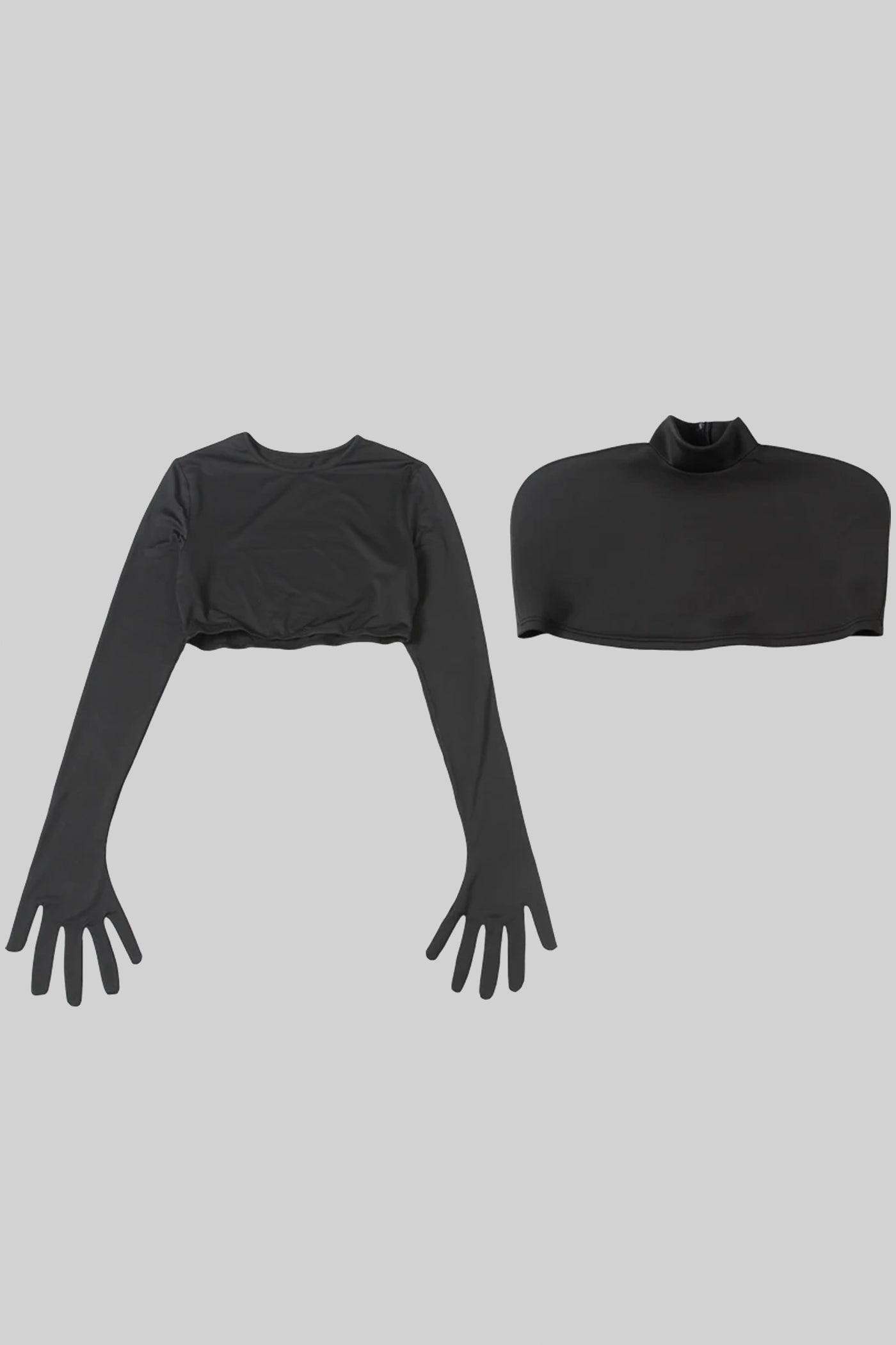 Cropped Top and Cape Set With Sculptural Shoulder Cape - Black