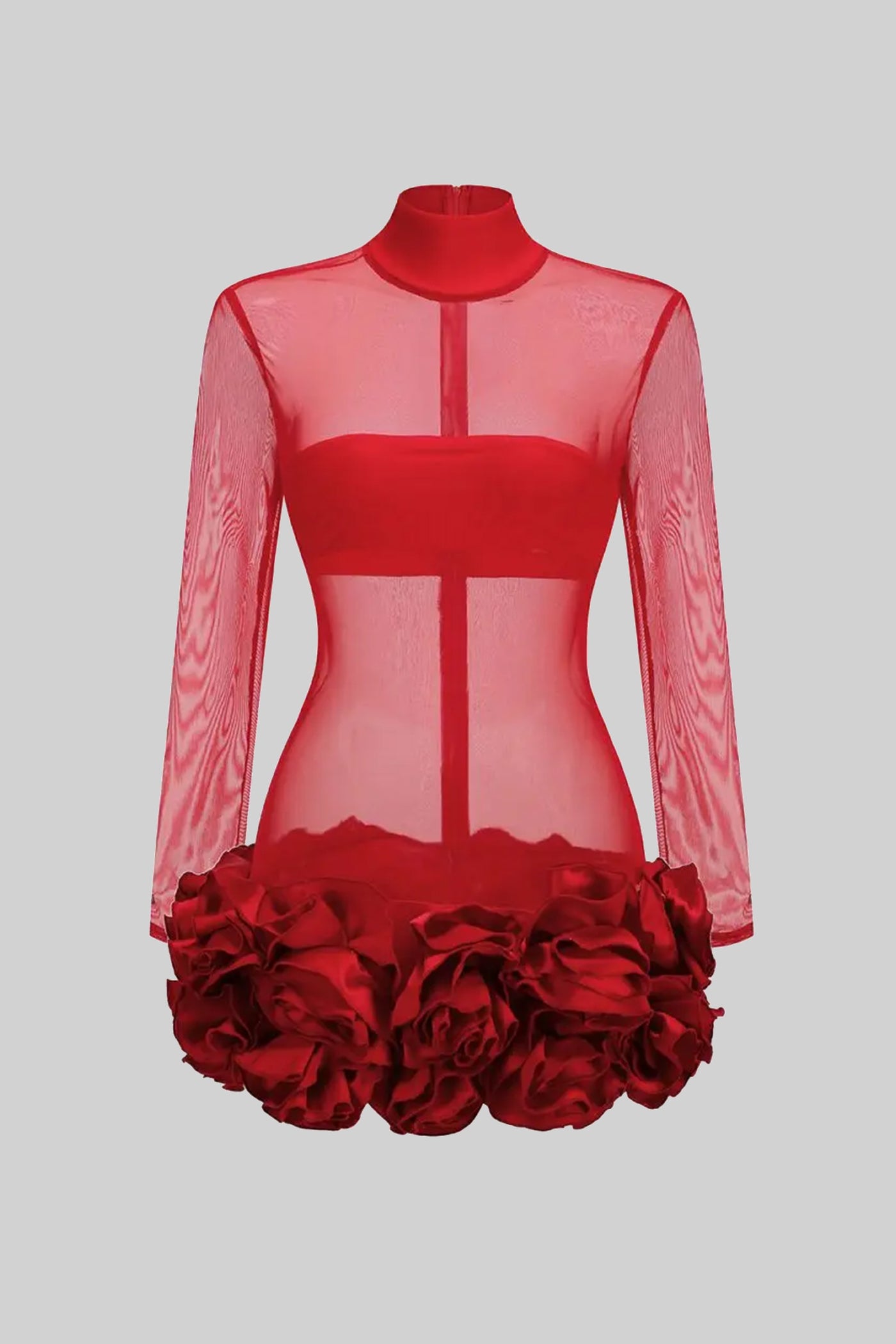 Sheer Floral Mini Dress With 3D Rosettes Hemline – Red