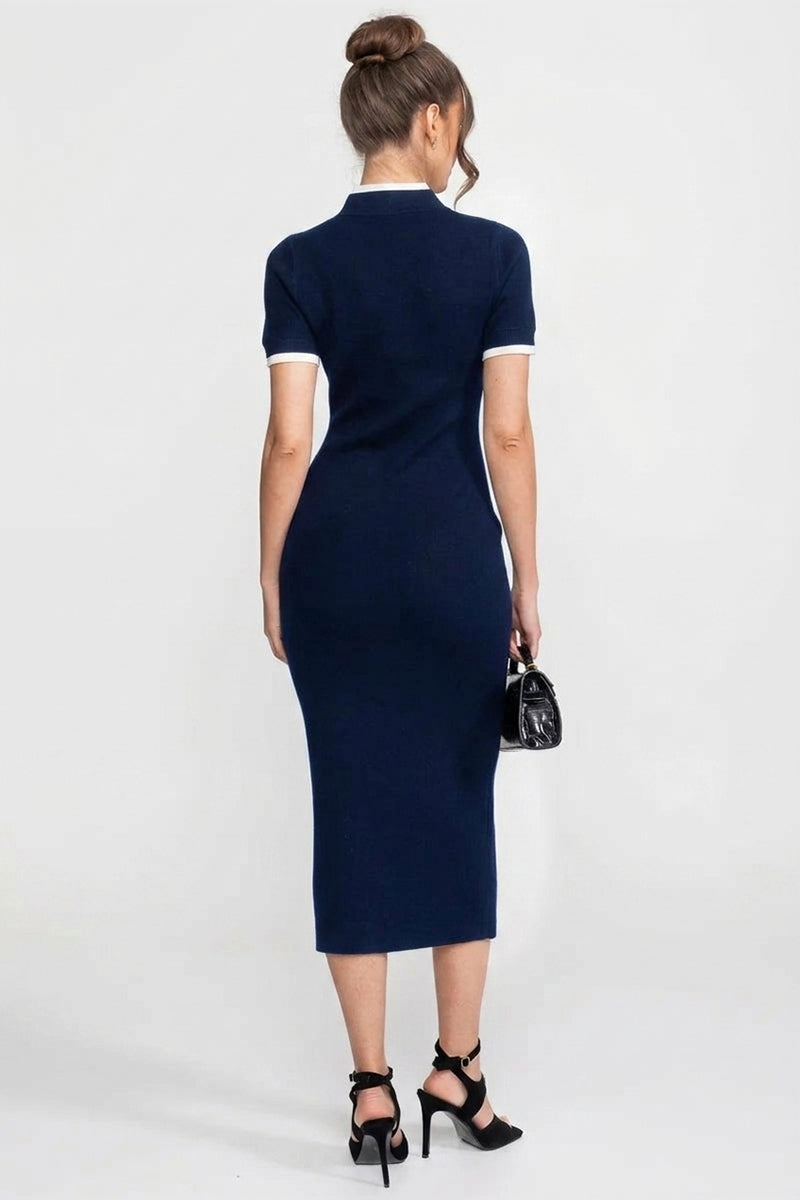 Robe midi en maille côtelée avec bordure contrastante et poches décoratives - marine 