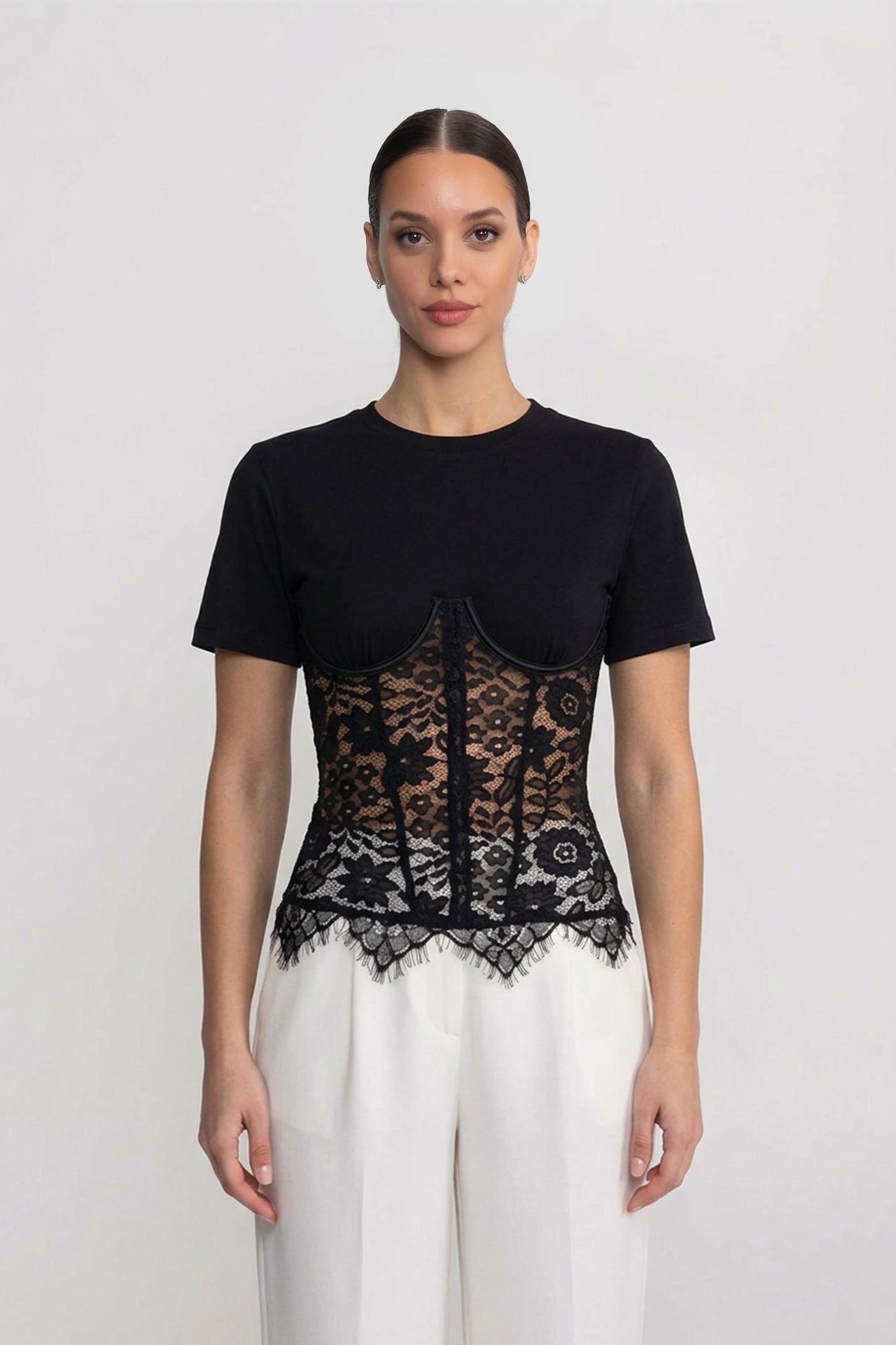 Haut à manches courtes avec surcroît corset en dentelle - Noir 