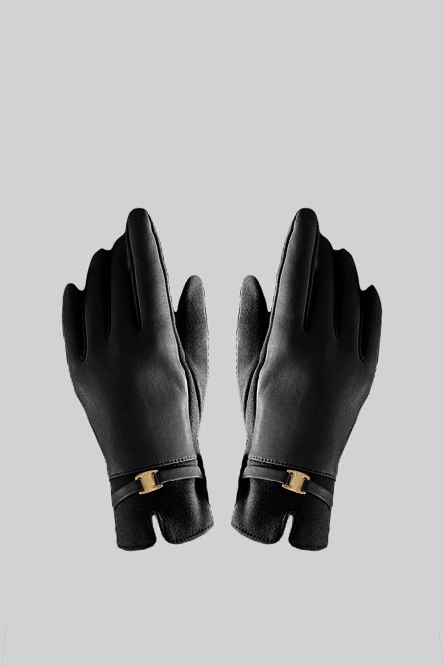 Gants en cuir vegan et daim avec détail boucle dorée - Noir 