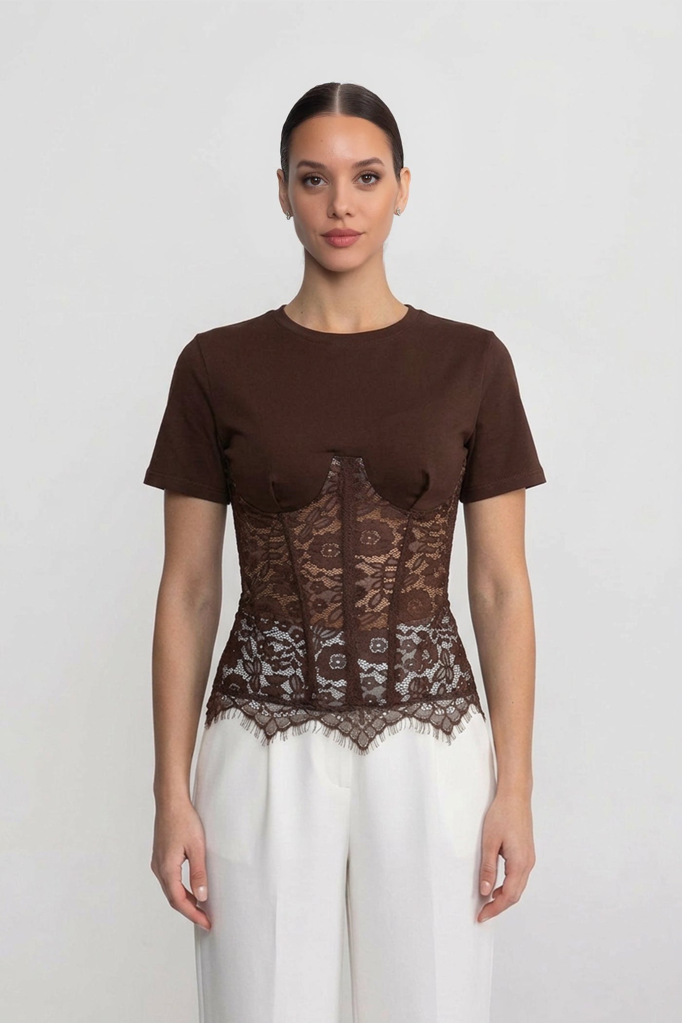 Haut à manches courtes avec surcouche corset en dentelle - Marron 