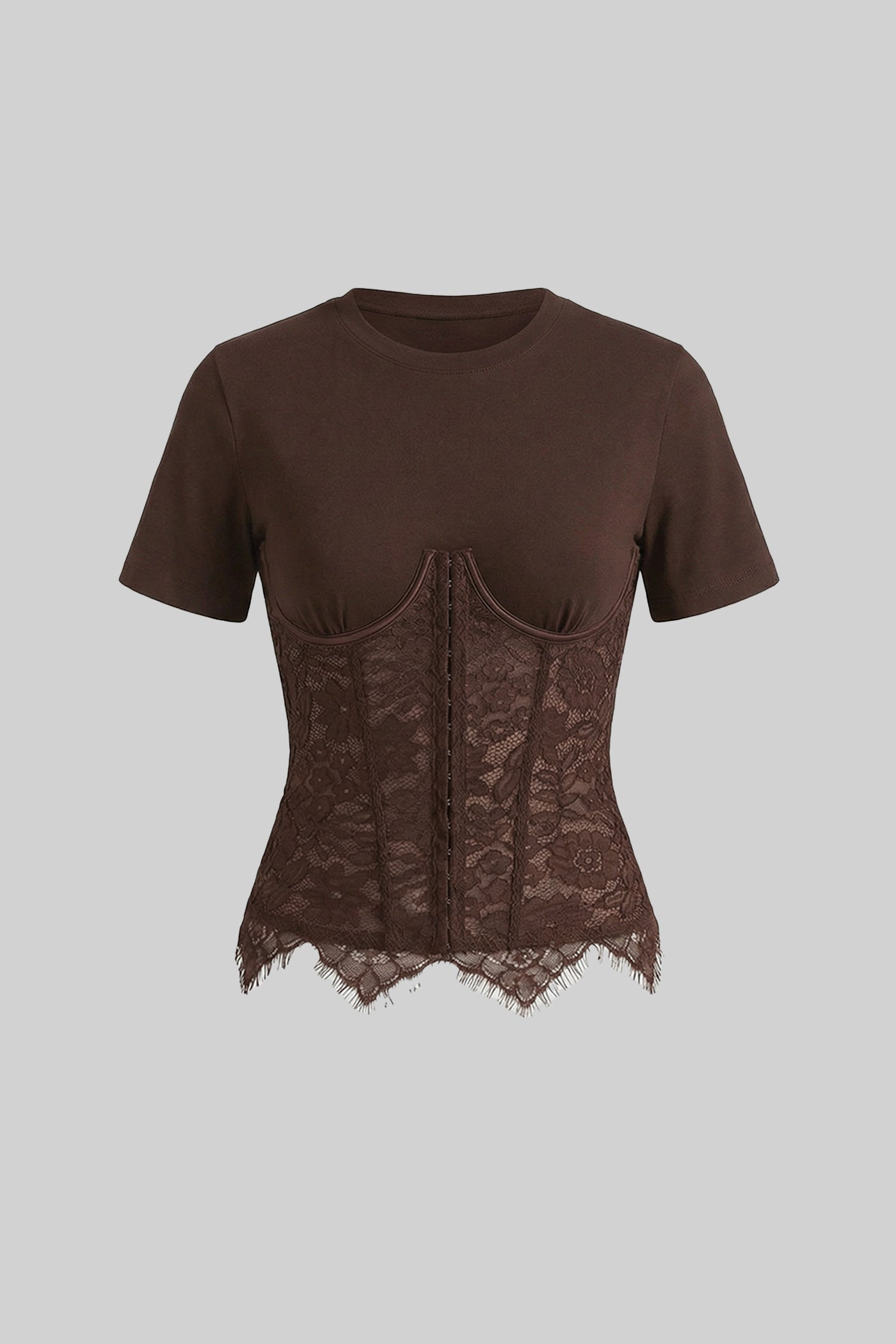 Haut à manches courtes avec surcouche corset en dentelle - Marron 