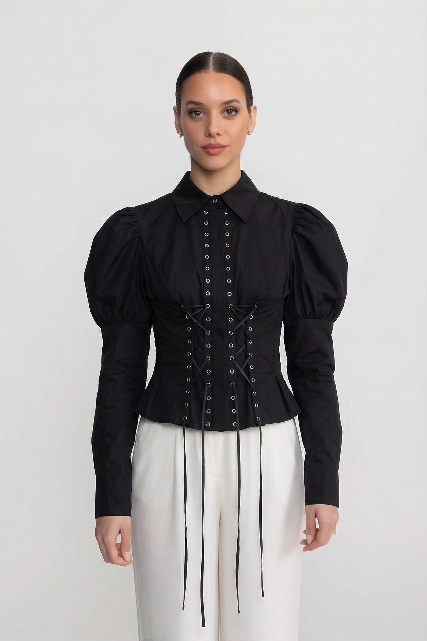 Chemise à manches longues avec détail corset lacé - Noir 