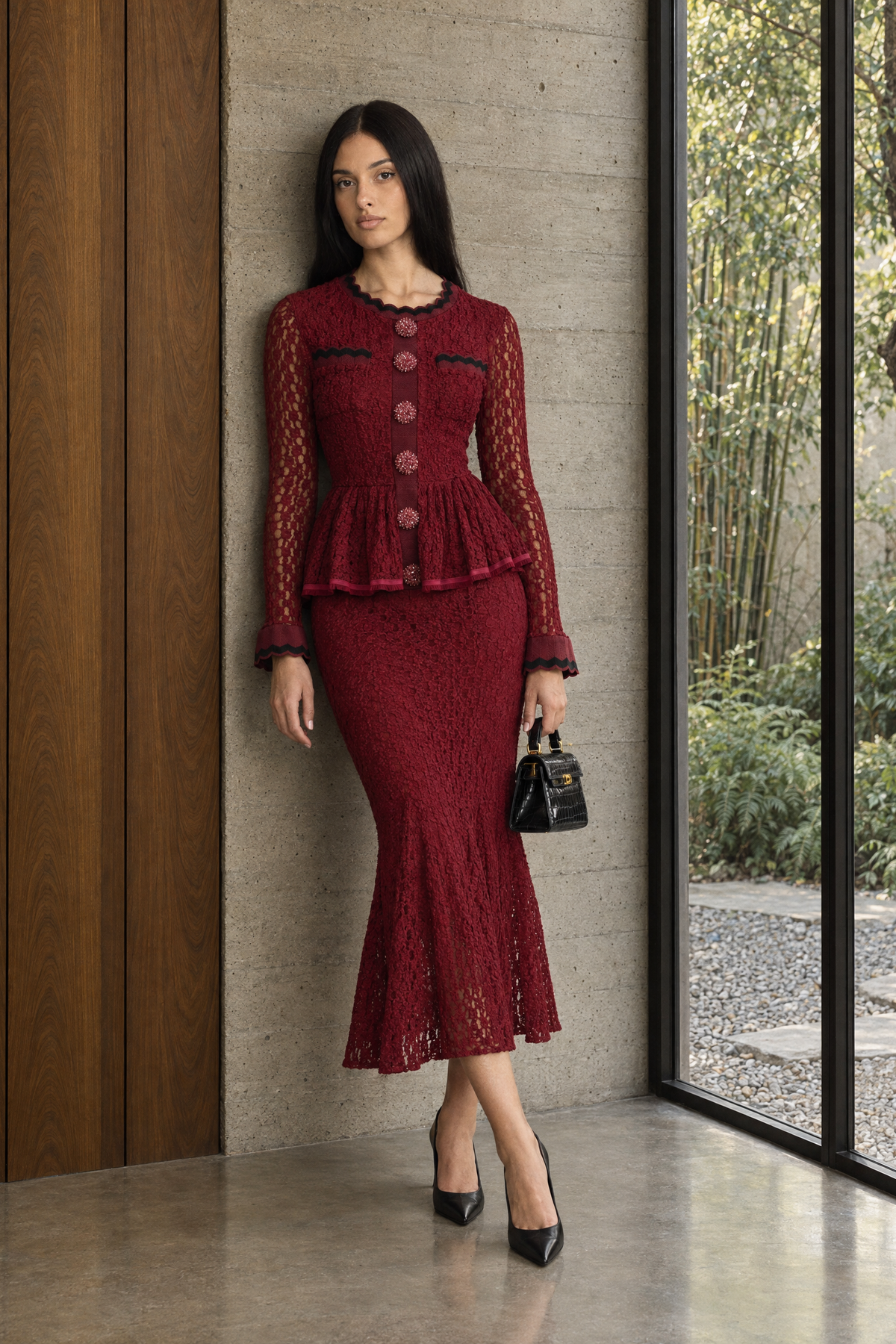 Robe midi péplum en maille crochet avec finition croquet - bordeaux 