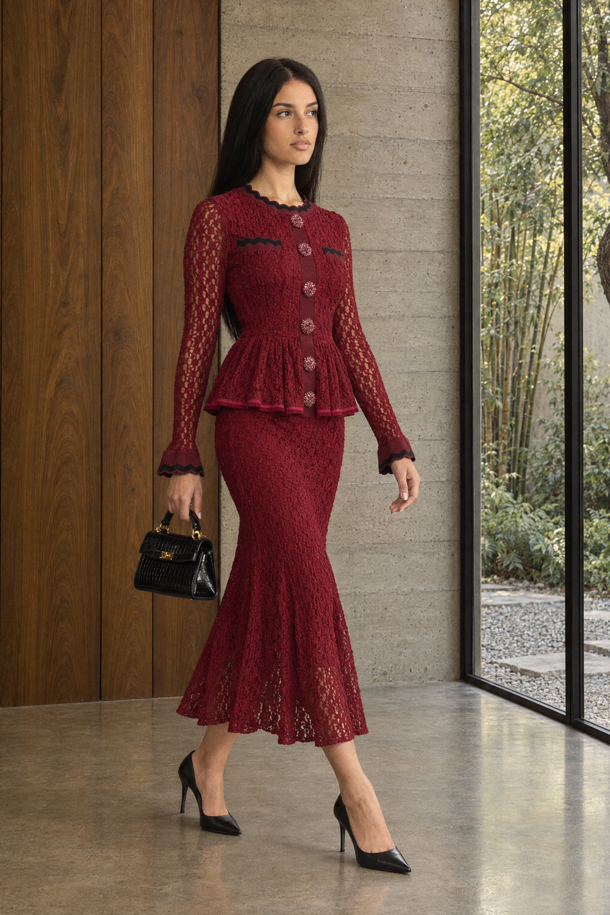 Robe midi péplum en maille crochet avec finition croquet - bordeaux 