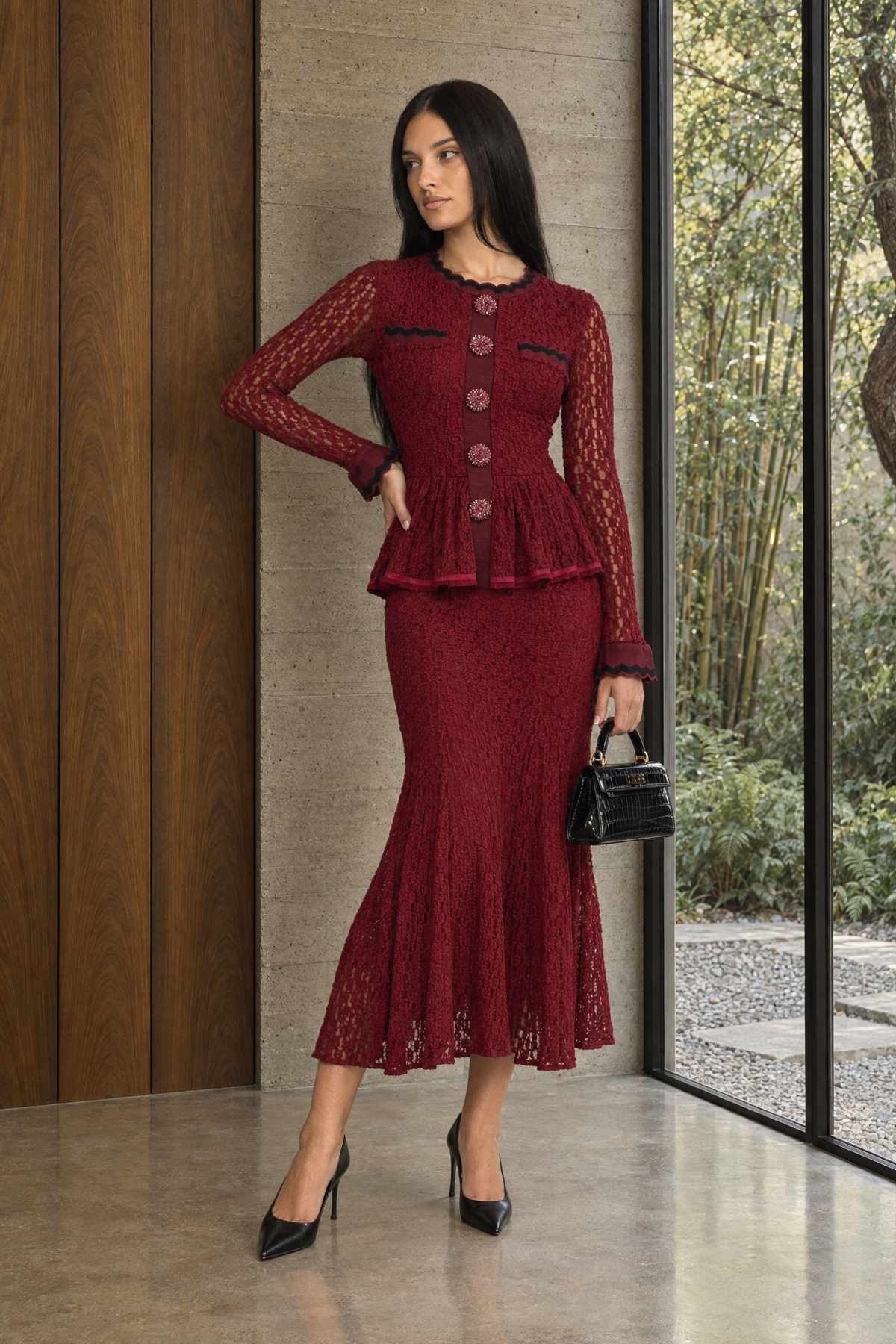 Crochet Knit Peplum Midi Dress with Ric-Rac Trim - Wine