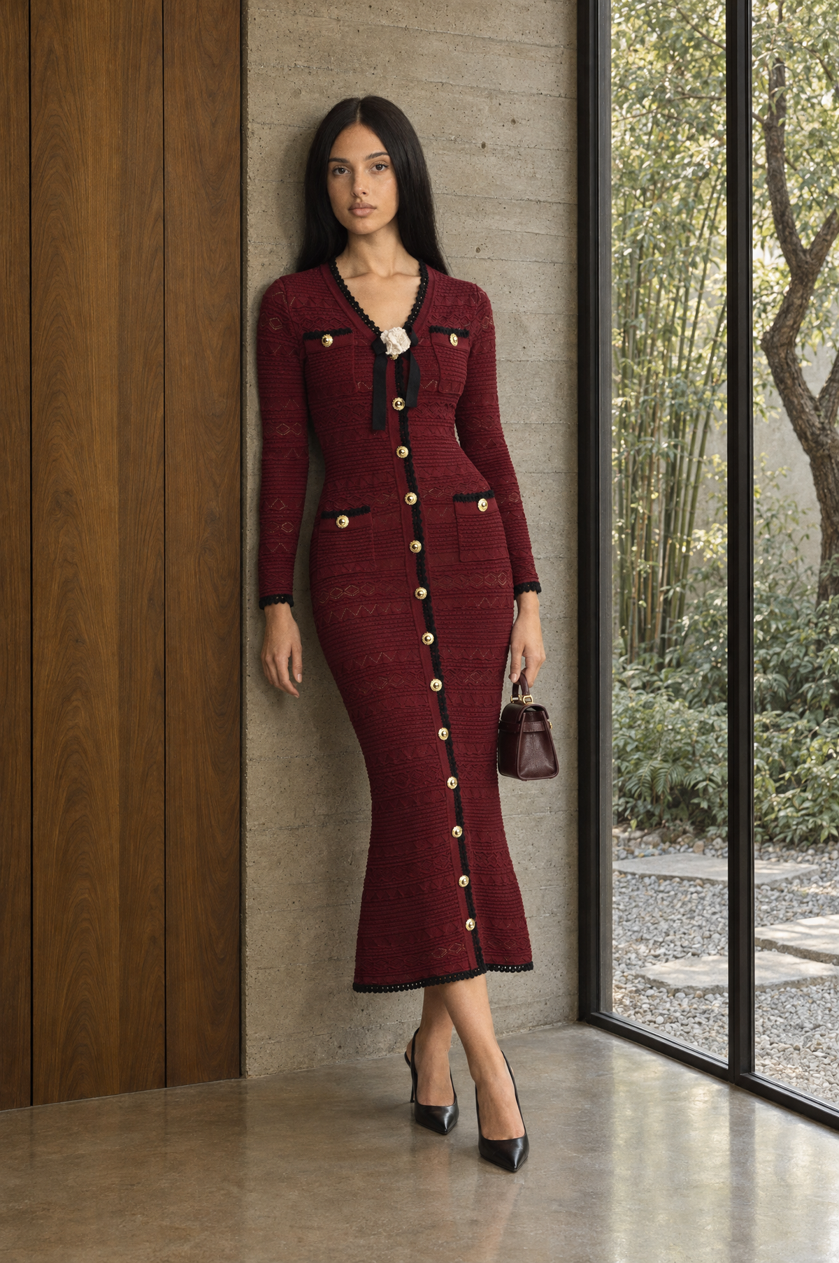 Robe midi en maille à boutons avec finitions au crochet et broche fleur - bordeaux 