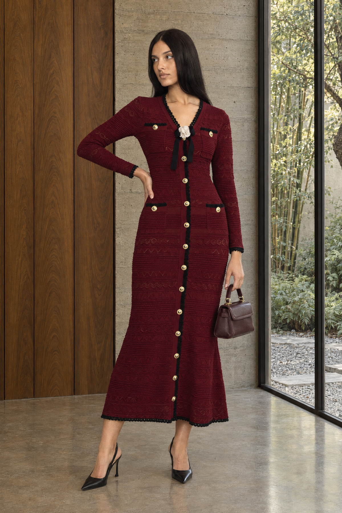 Robe midi en maille à boutons avec finitions au crochet et broche fleur - bordeaux 