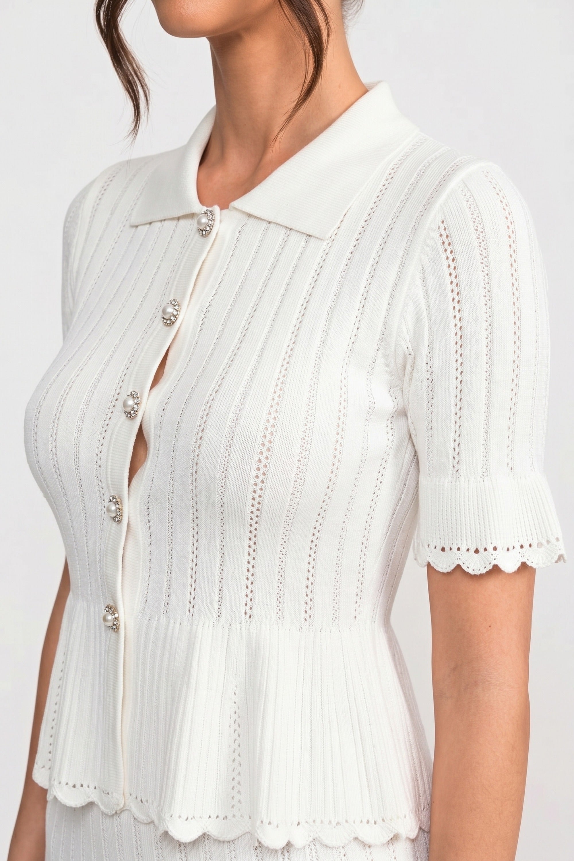 Robe mini en maille à col Peter Pan et basque avec ourlet en dentelle - Blanc 