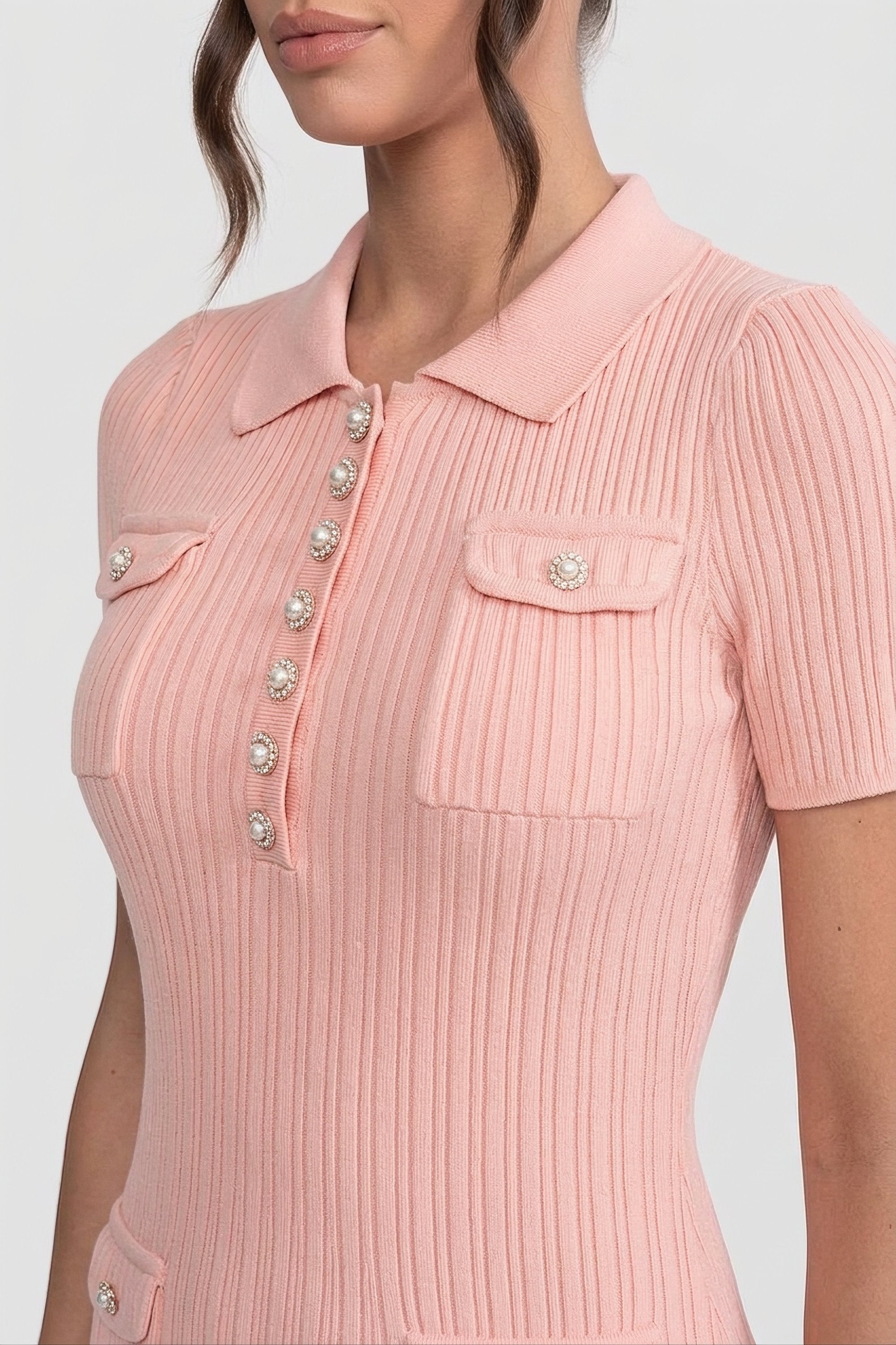 Robe mini en maille côtelée à boutons sur le devant - Peach 