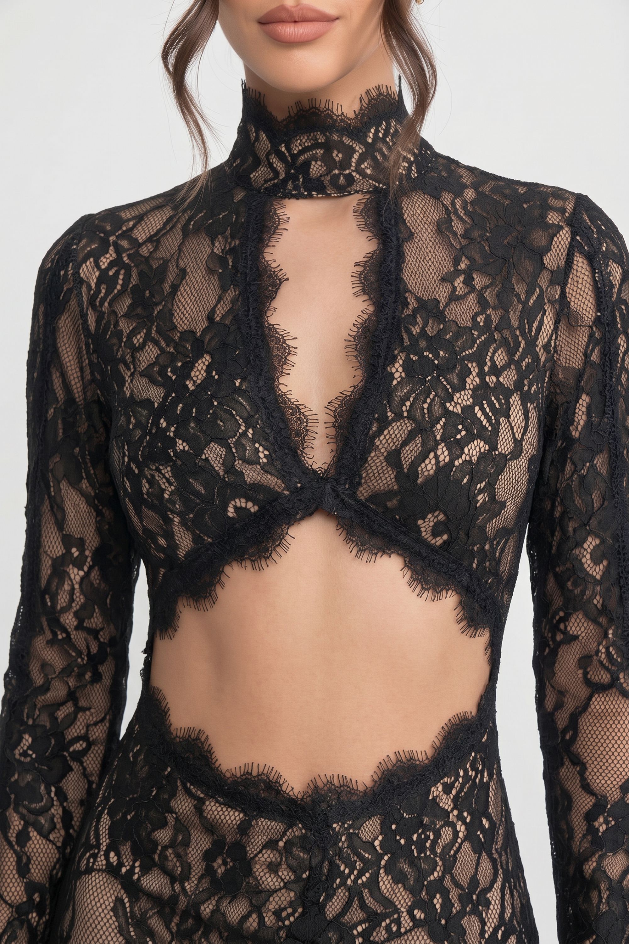 Robe en dentelle élégante avec col montant, découpe à l’avant et fente - Noir 