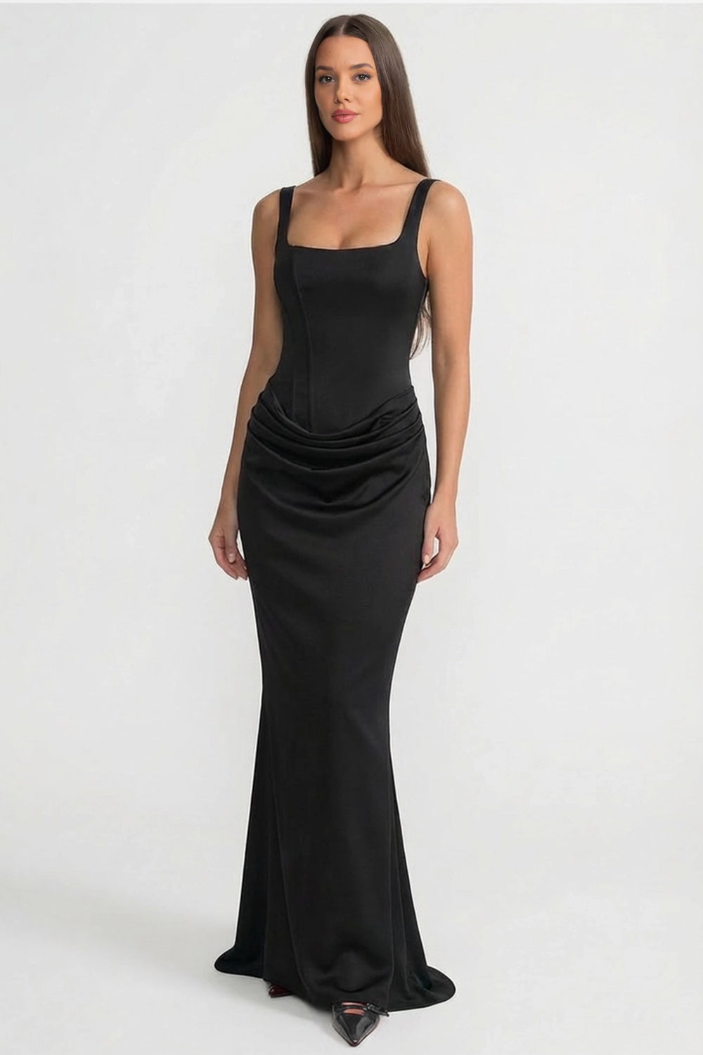 Robe longue corset avec détail drapé sur la hanche – Noir
