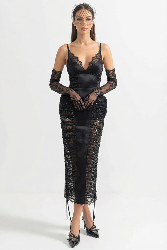 Robe midi avec bordure en dentelle et panneaux latéraux transparents à sequins - Noir 