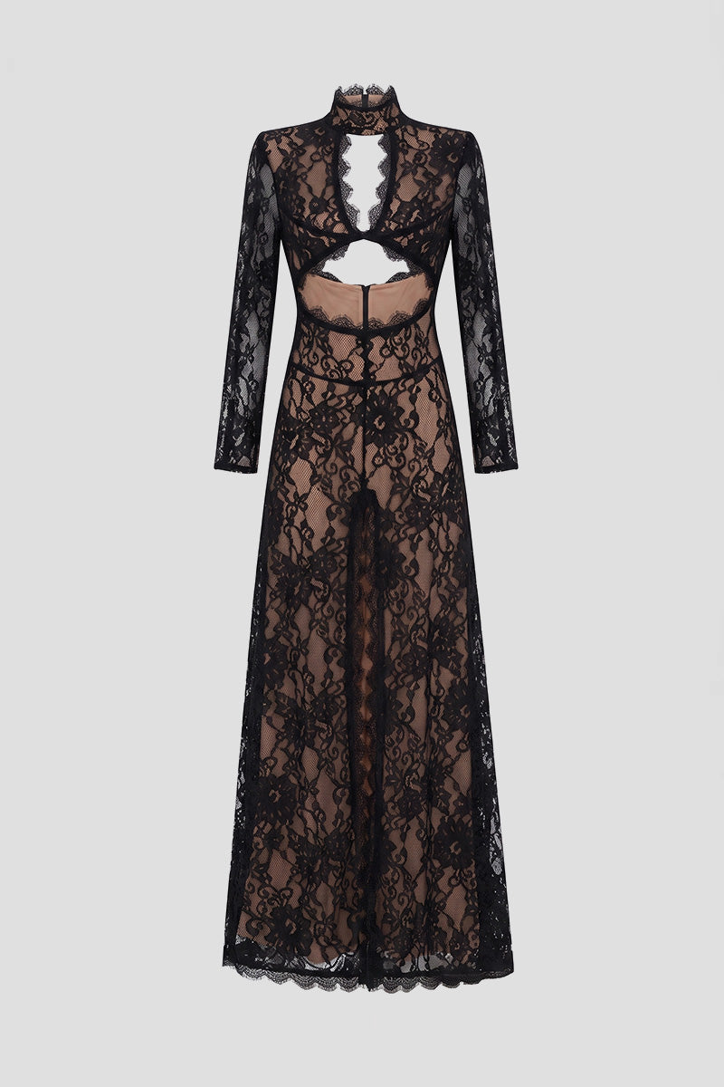 Robe en dentelle élégante avec col montant, découpe à l’avant et fente - Noir 