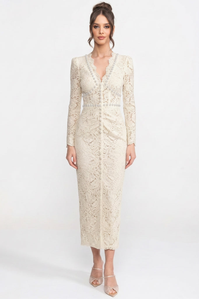 Robe midi en dentelle avec encolure en V ornée de cristaux et détail froncé sur le devant - Blanc 