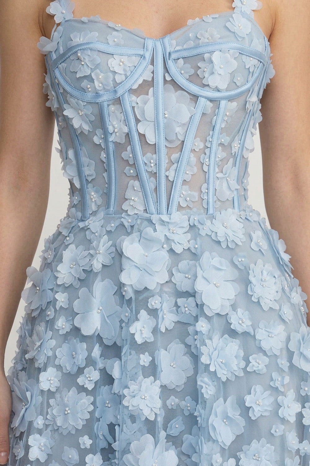 Robe Maxi à Appliqués Floraux avec Corset - Bleu 