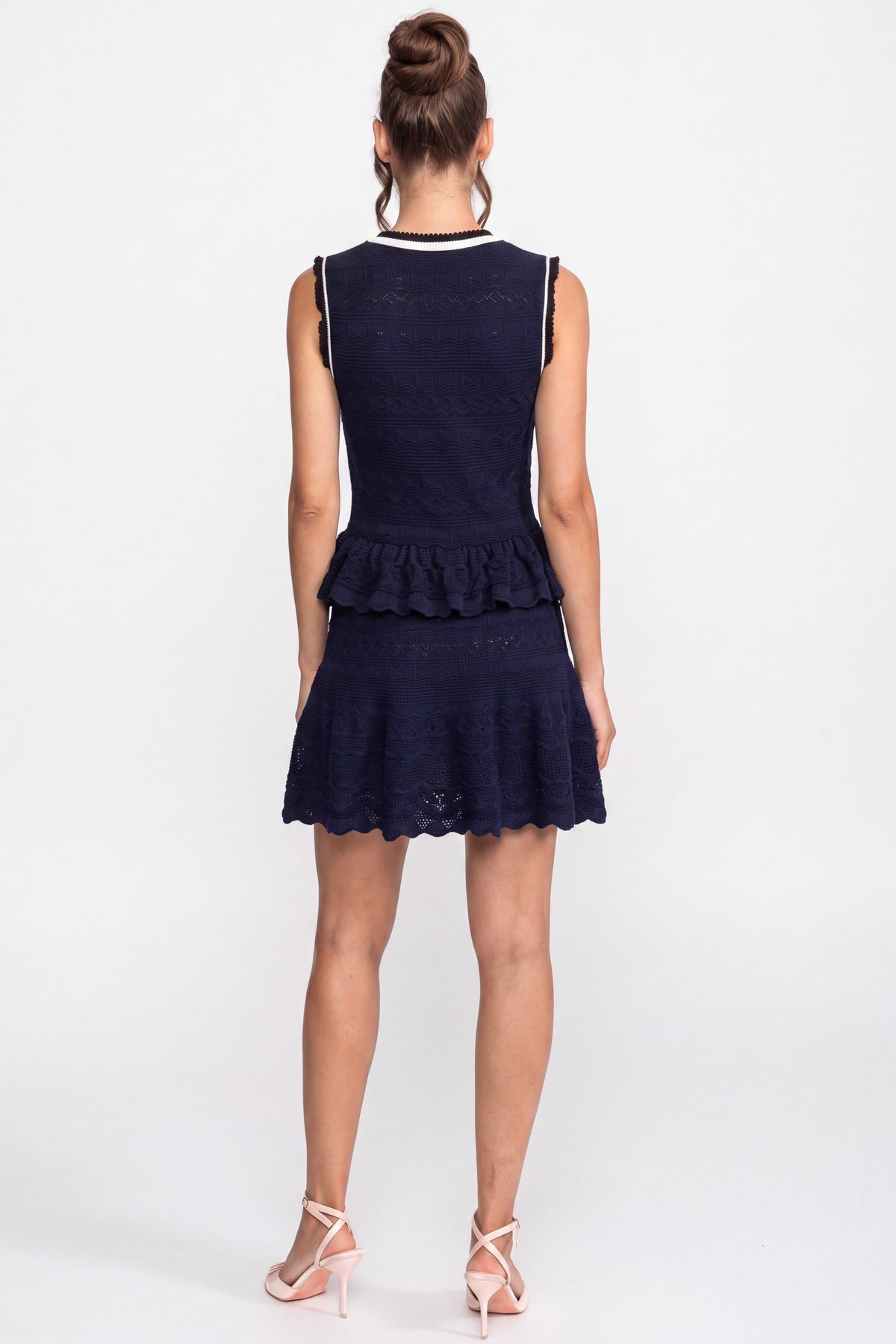 Peplum Knit Mini Dress With Contrast Trim And Bow - Navy