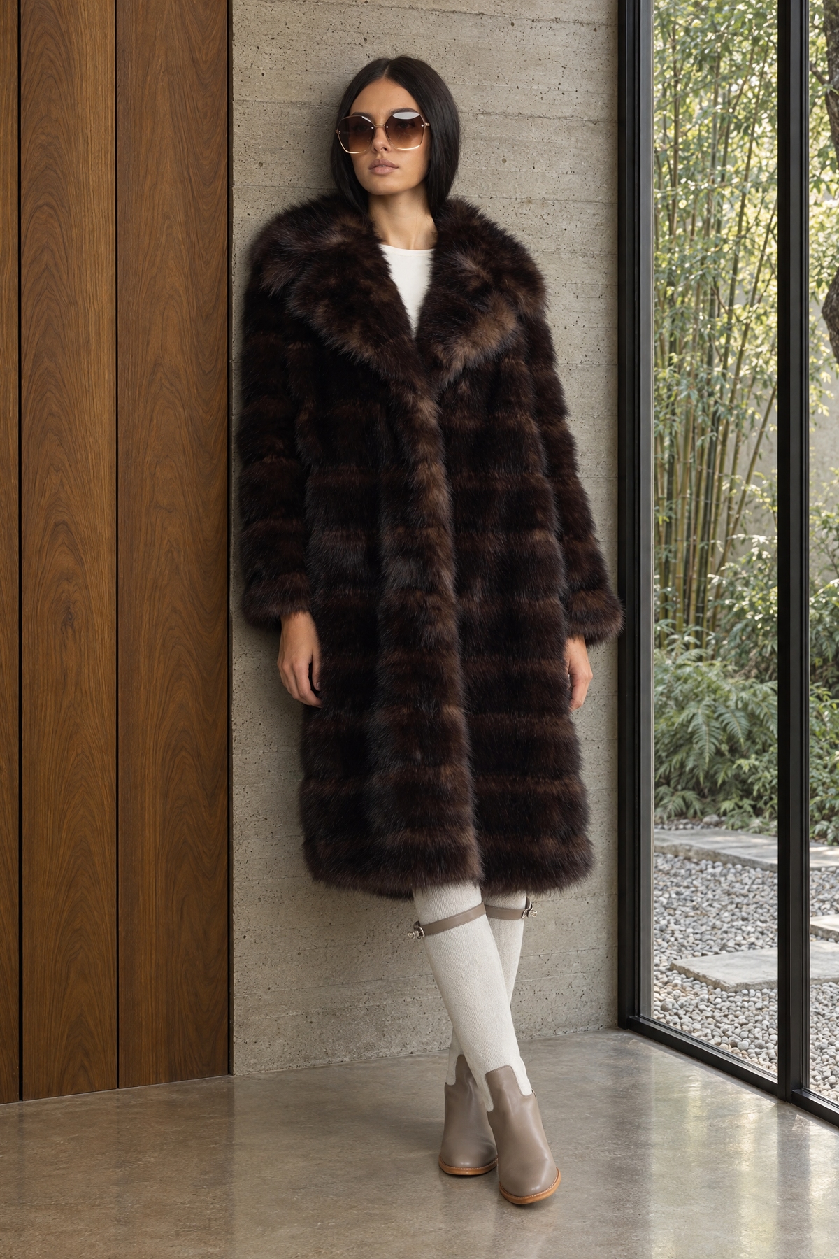 Manteau long à empiècements effet fourrure - Chocolat 