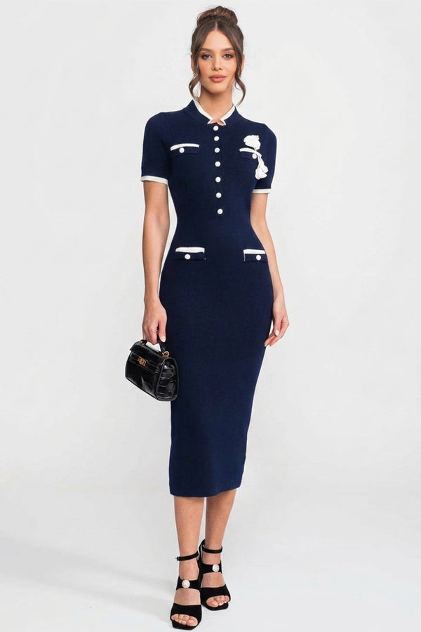 Robe midi en maille côtelée avec bordure contrastante et poches décoratives - marine 