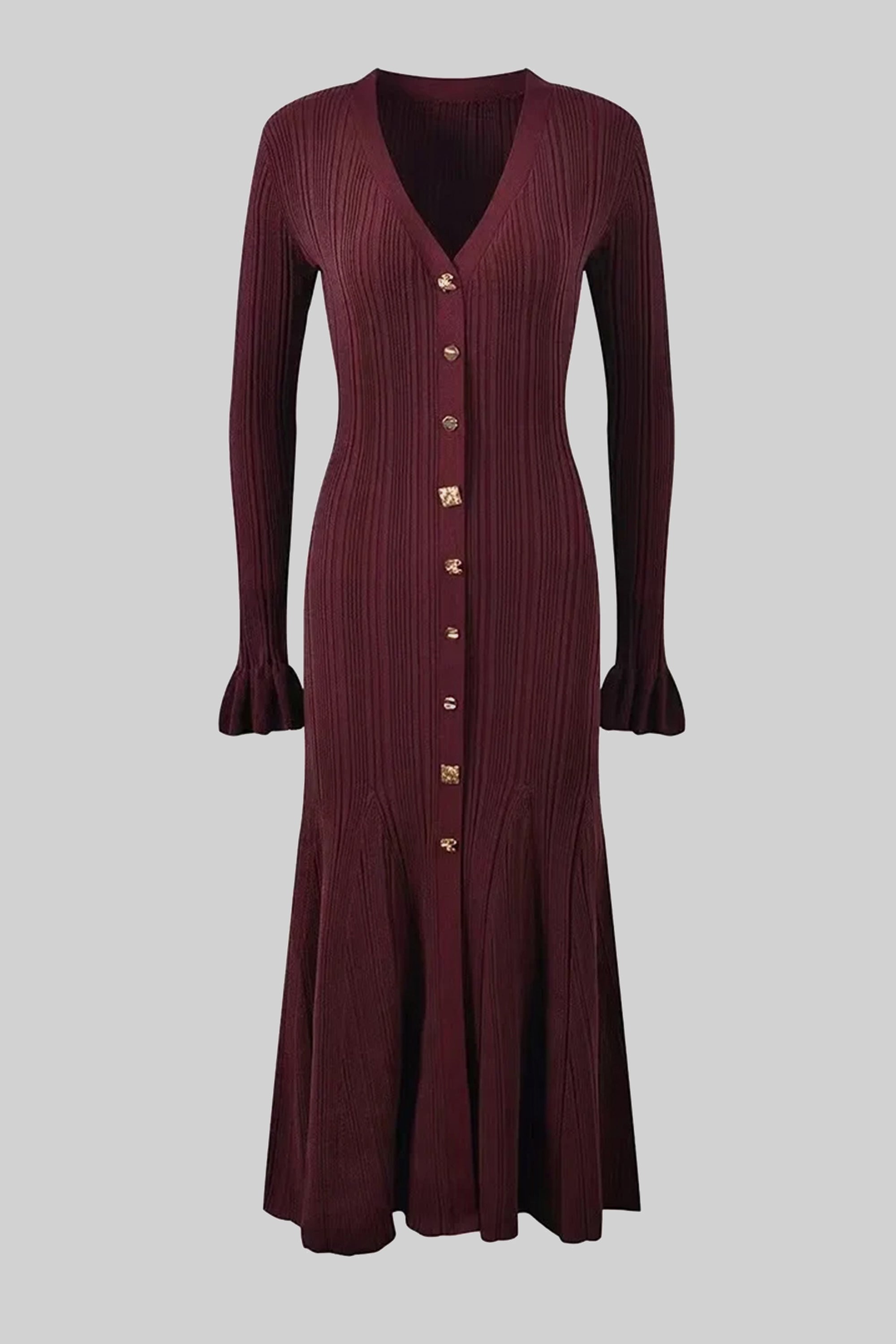 Robe maxi en maille côtelée à col en V et boutonnage sur le devant, avec poignets à volants - Burgundy 