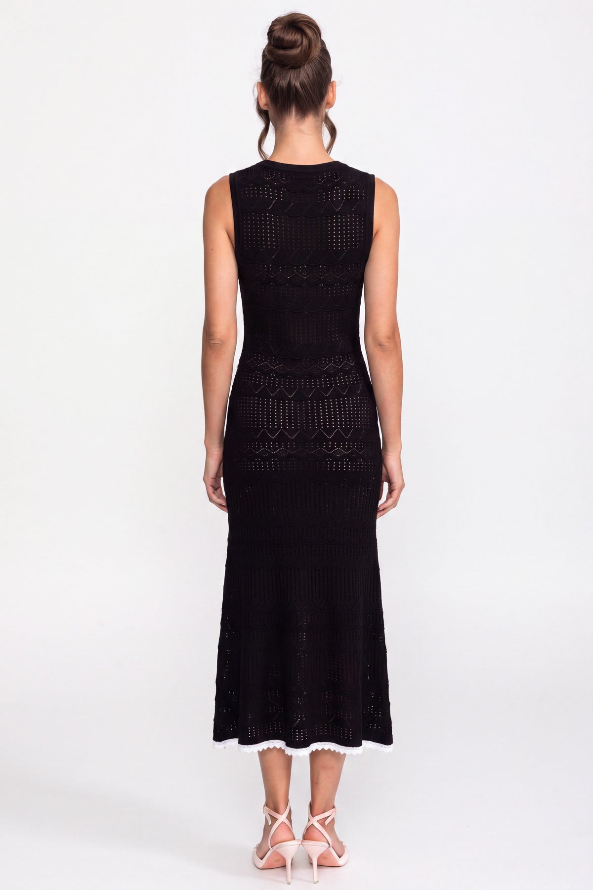 Robe midi en maille crochet avec bordure noire et nœud - Noir 