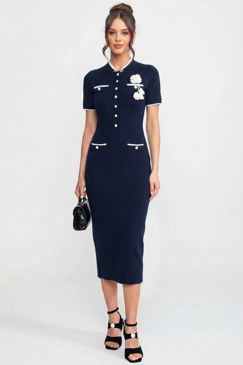 Robe midi en maille côtelée avec bordure contrastante et poches décoratives - marine 