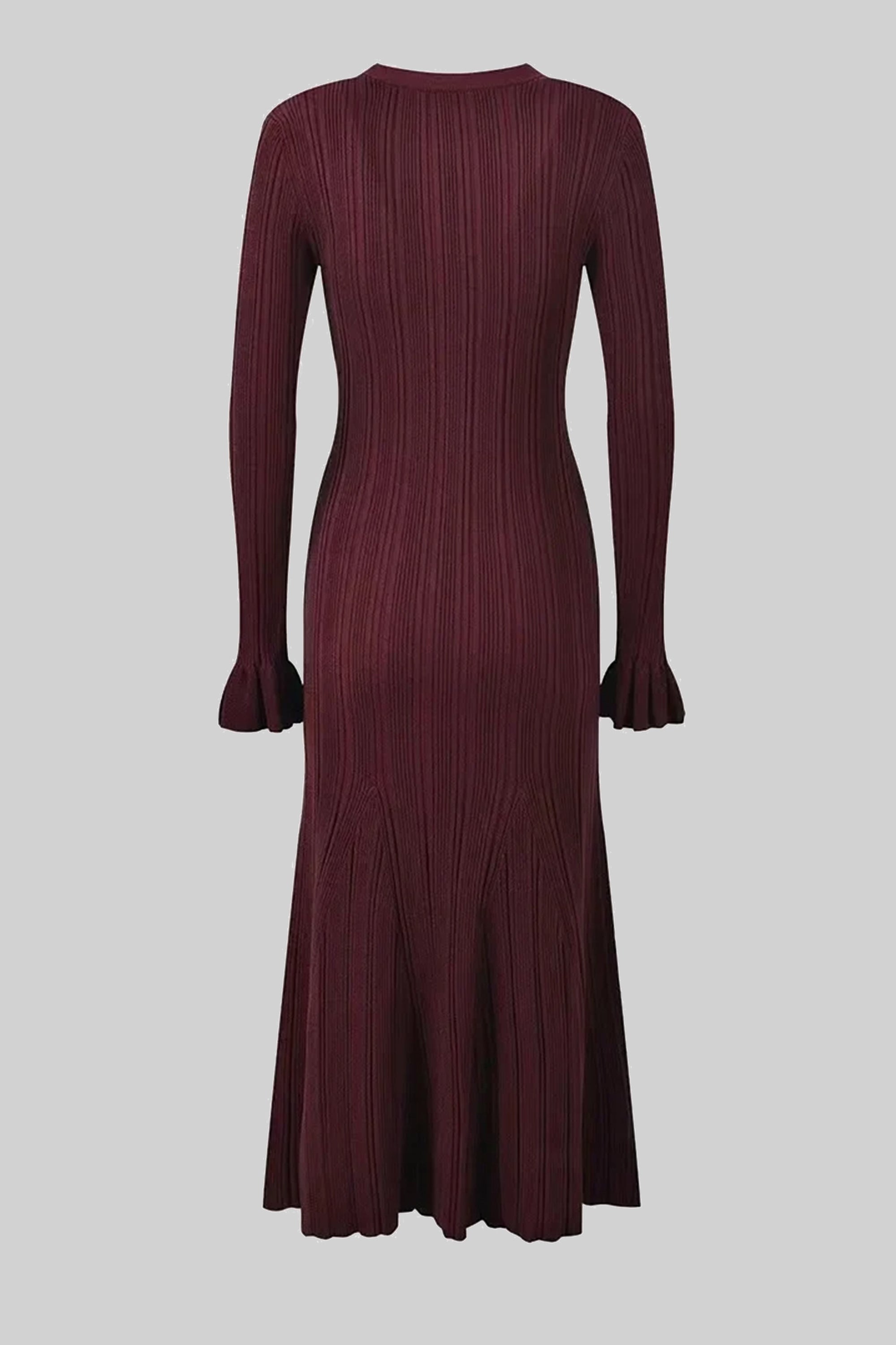 Robe maxi en maille côtelée à col en V et boutonnage sur le devant, avec poignets à volants - Burgundy 