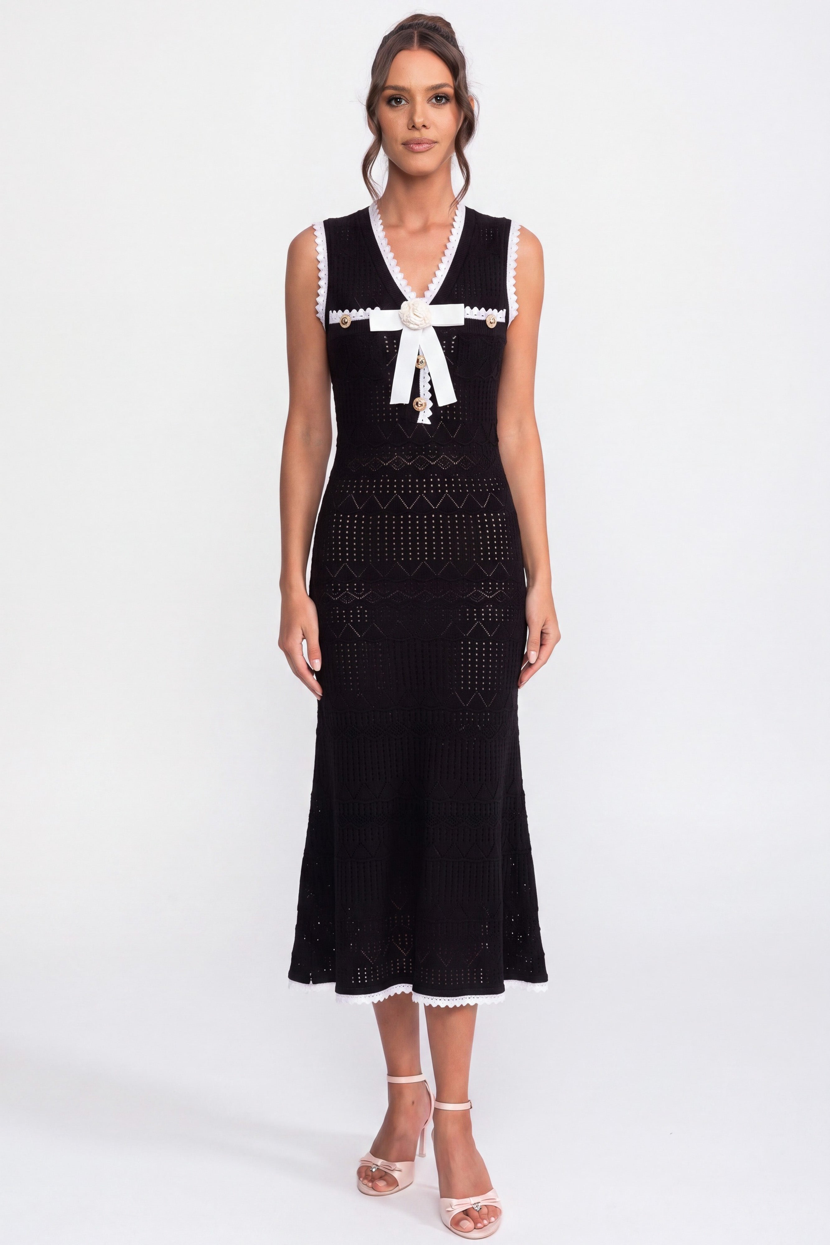 Robe midi en maille crochet avec bordure noire et nœud - Noir 