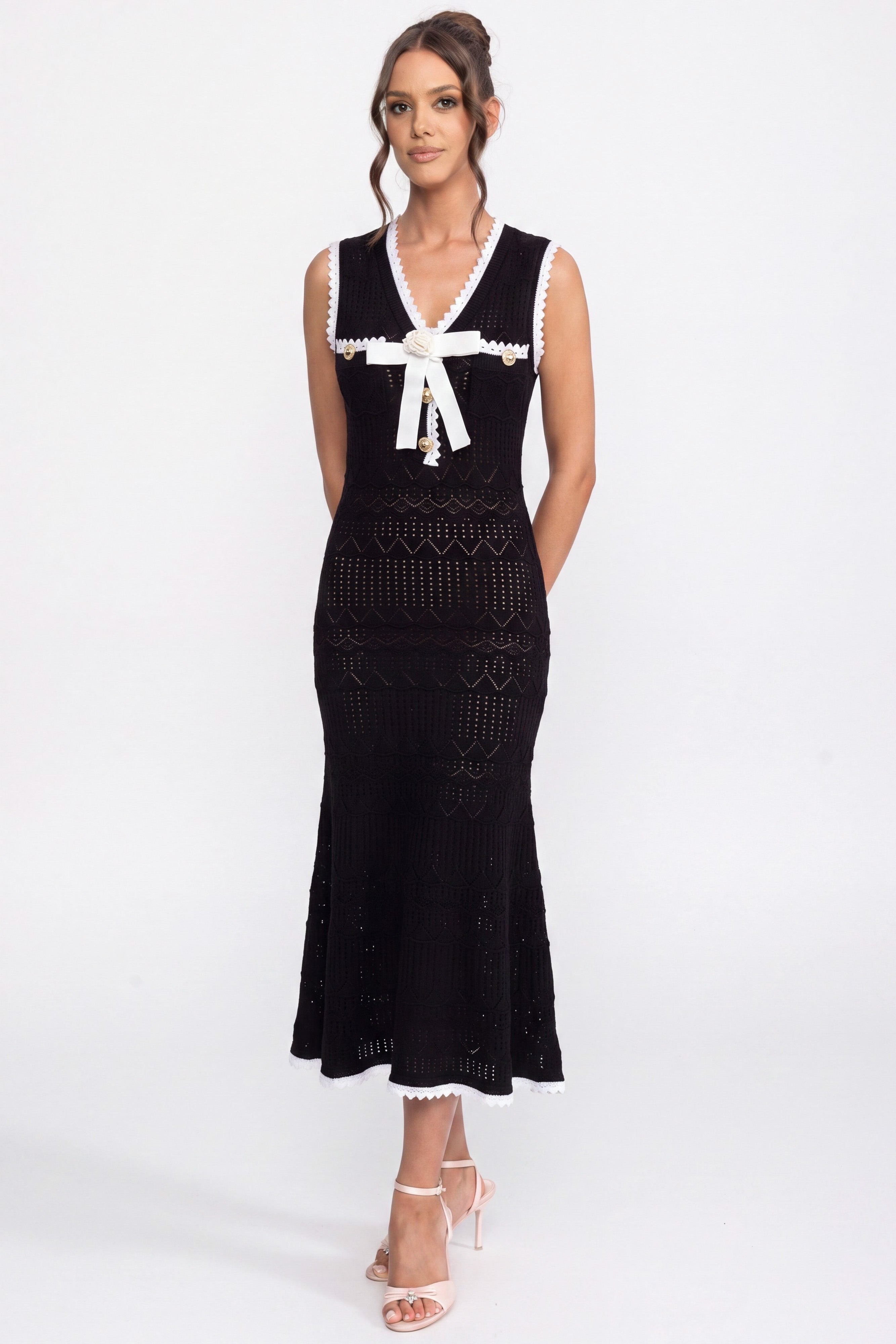 Robe midi en maille crochet avec bordure noire et nœud - Noir 