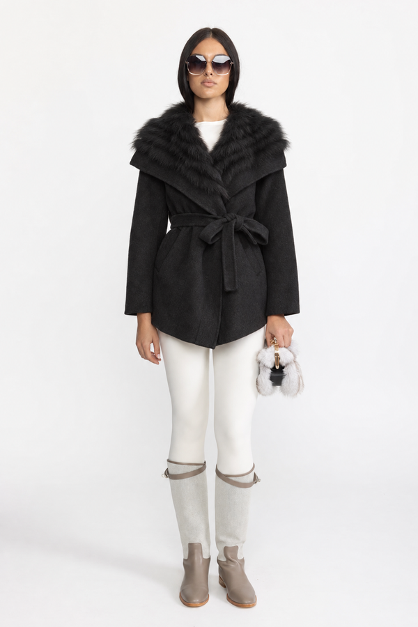Manteau en laine avec col en fourrure oversize et ceinture - Noir 