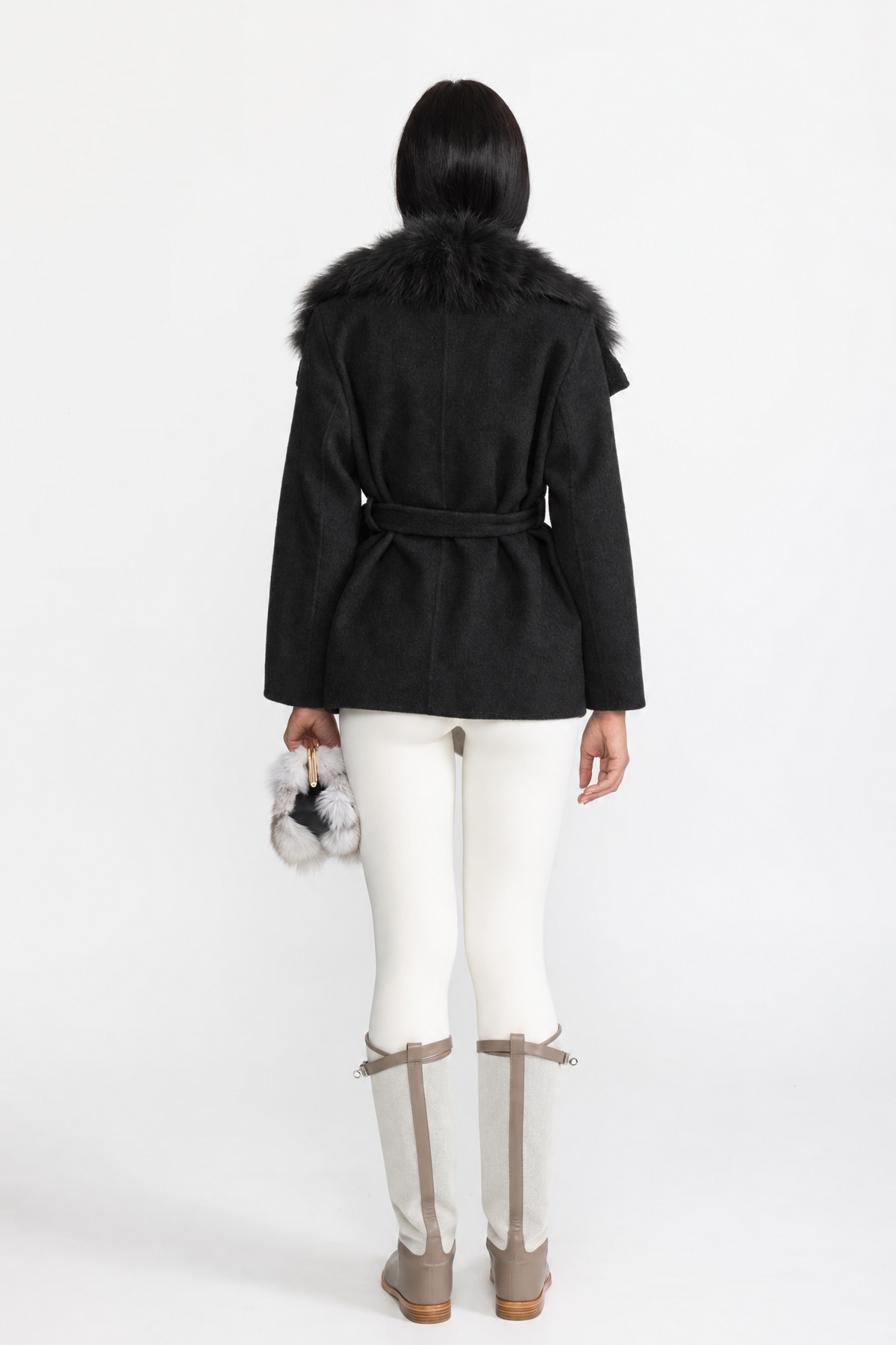 Wool Coat with Oversized Fur Collar And Belt - Black