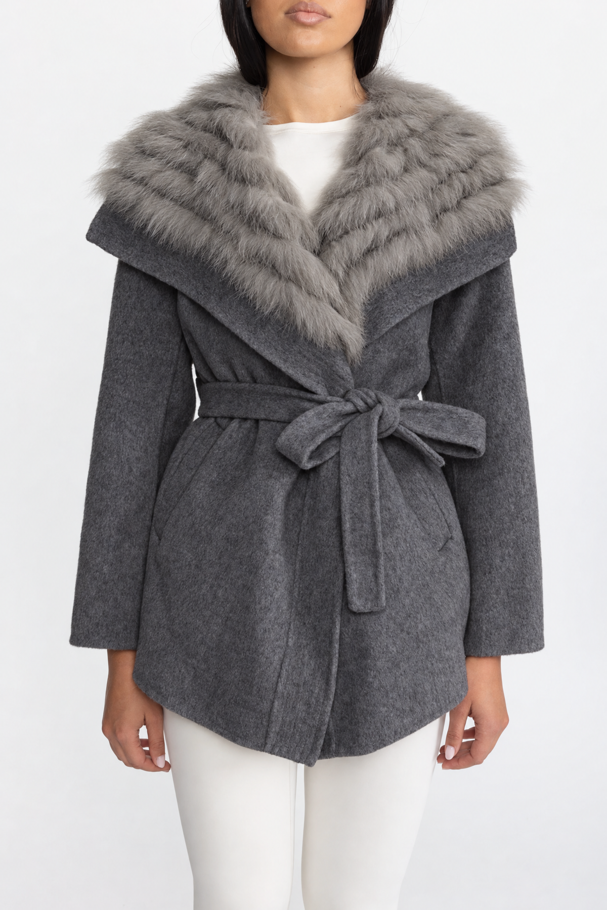 Wool Coat with Oversized Fur Collar And Belt - Gray