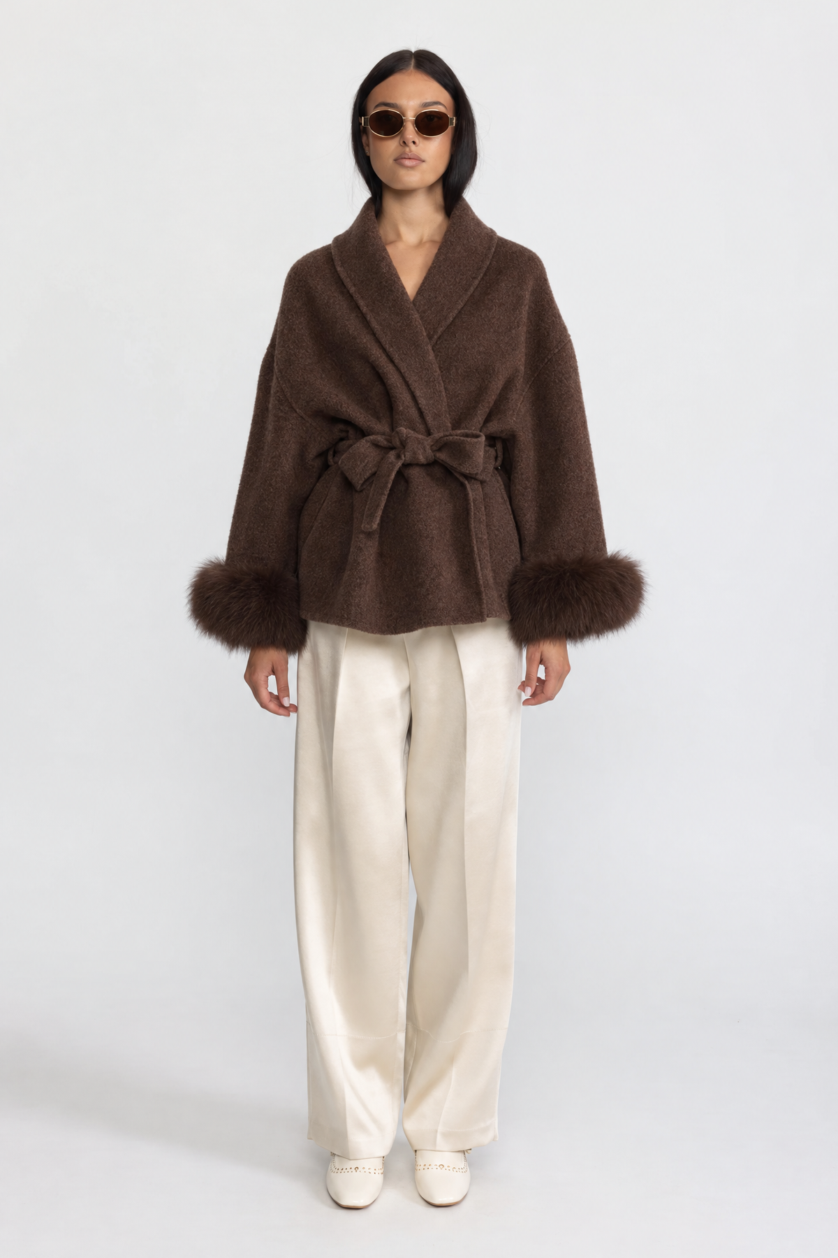 Veste portefeuille en laine mélangée avec poignets en fourrure de renard - Marron 