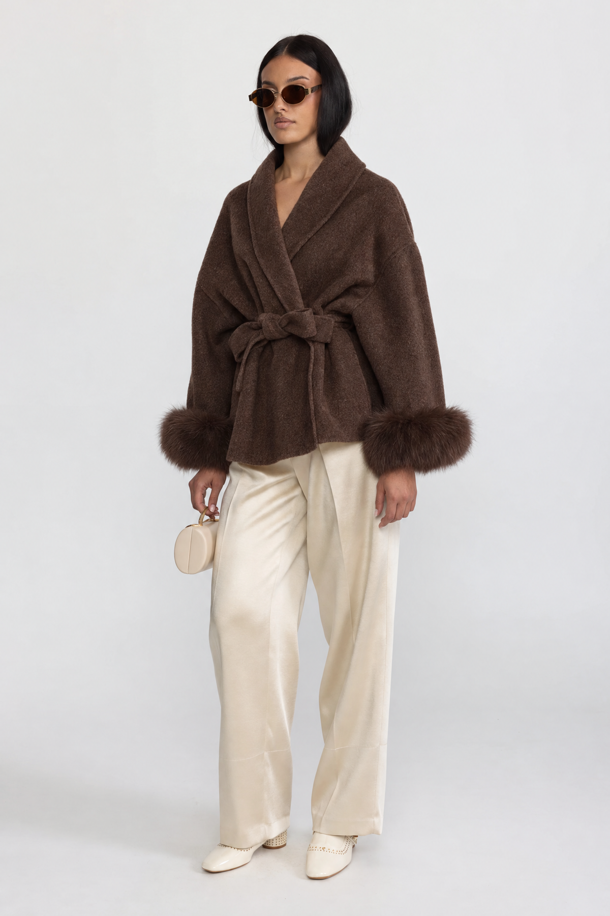 Veste portefeuille en laine mélangée avec poignets en fourrure de renard - Marron 