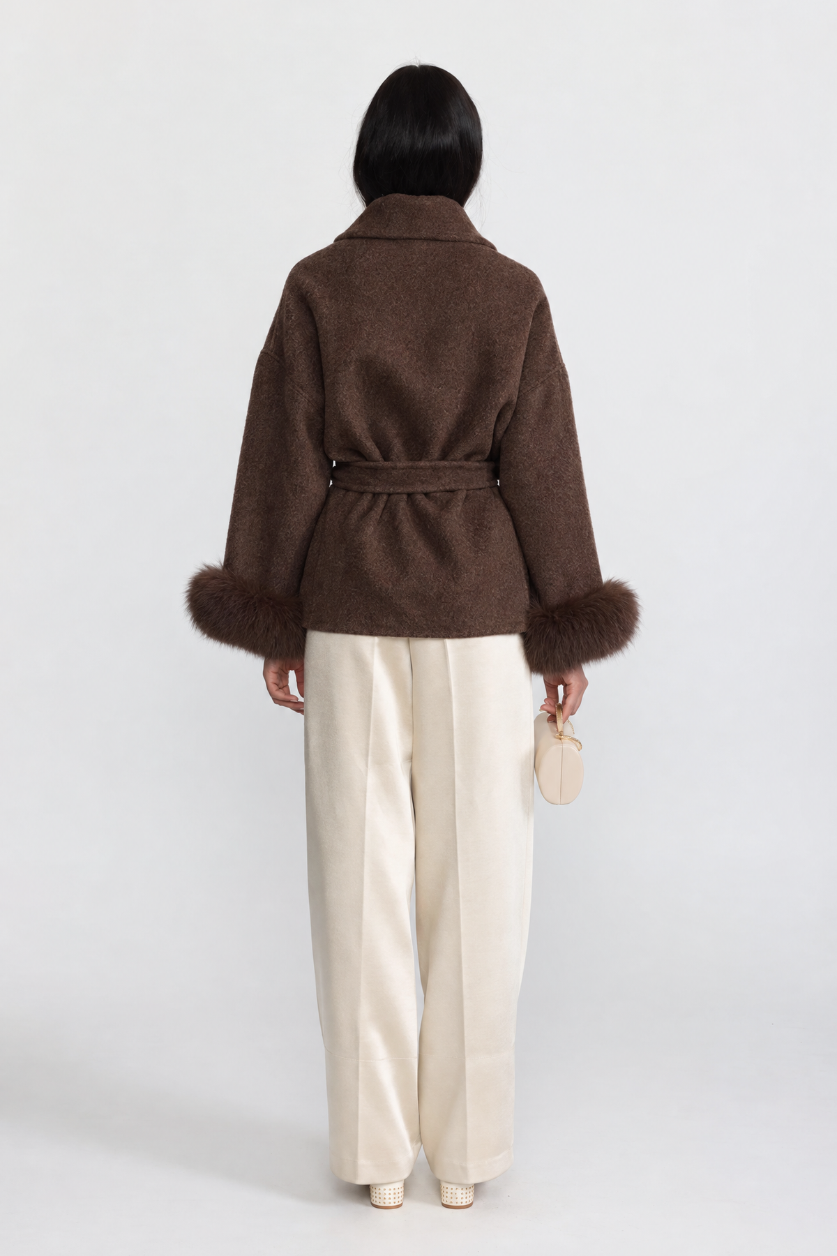 Veste portefeuille en laine mélangée avec poignets en fourrure de renard - Marron 