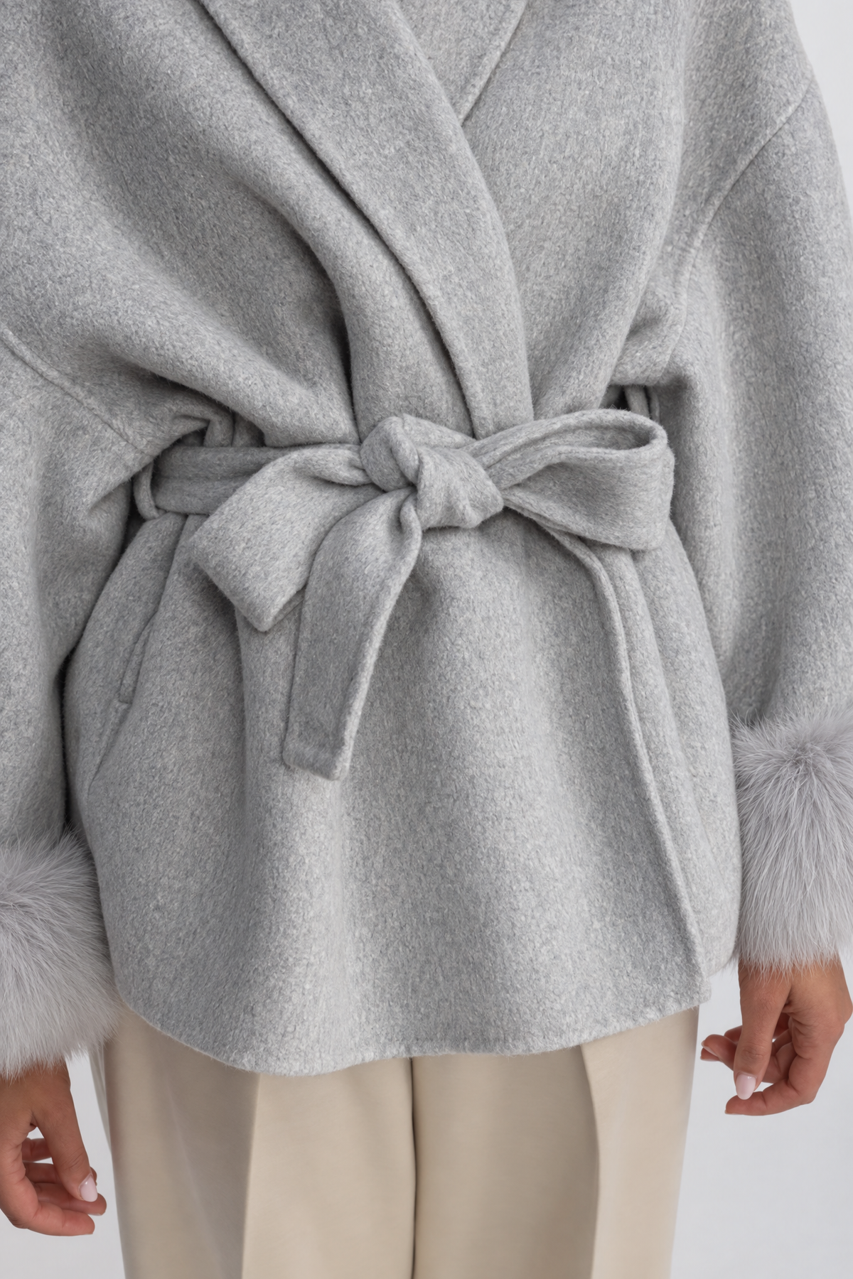Wool Blend Wrap Jacket with Fox Fur Cuffs - Grey