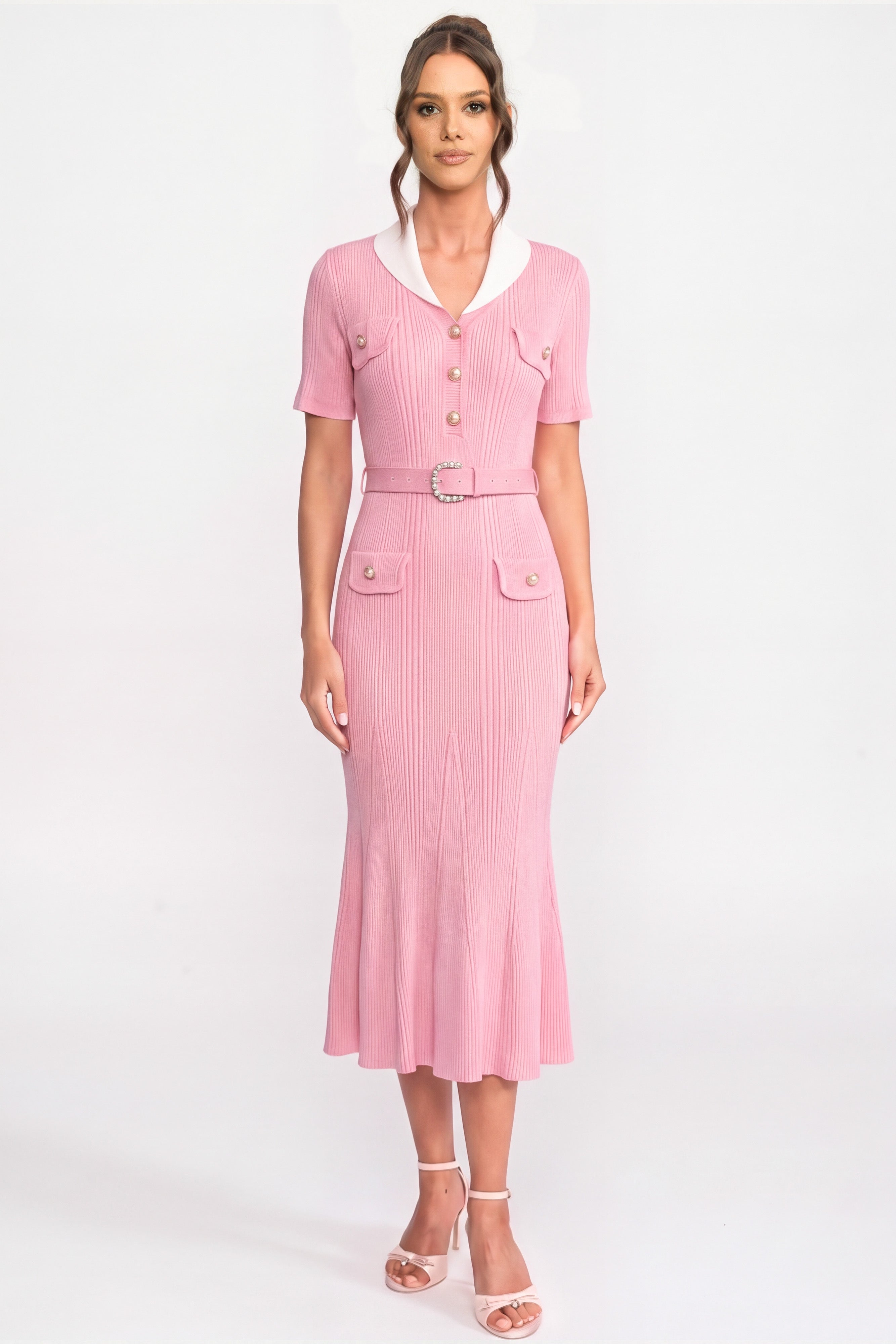 Robe midi en maille côtelée avec col blanc et ceinture de perles - Rose 