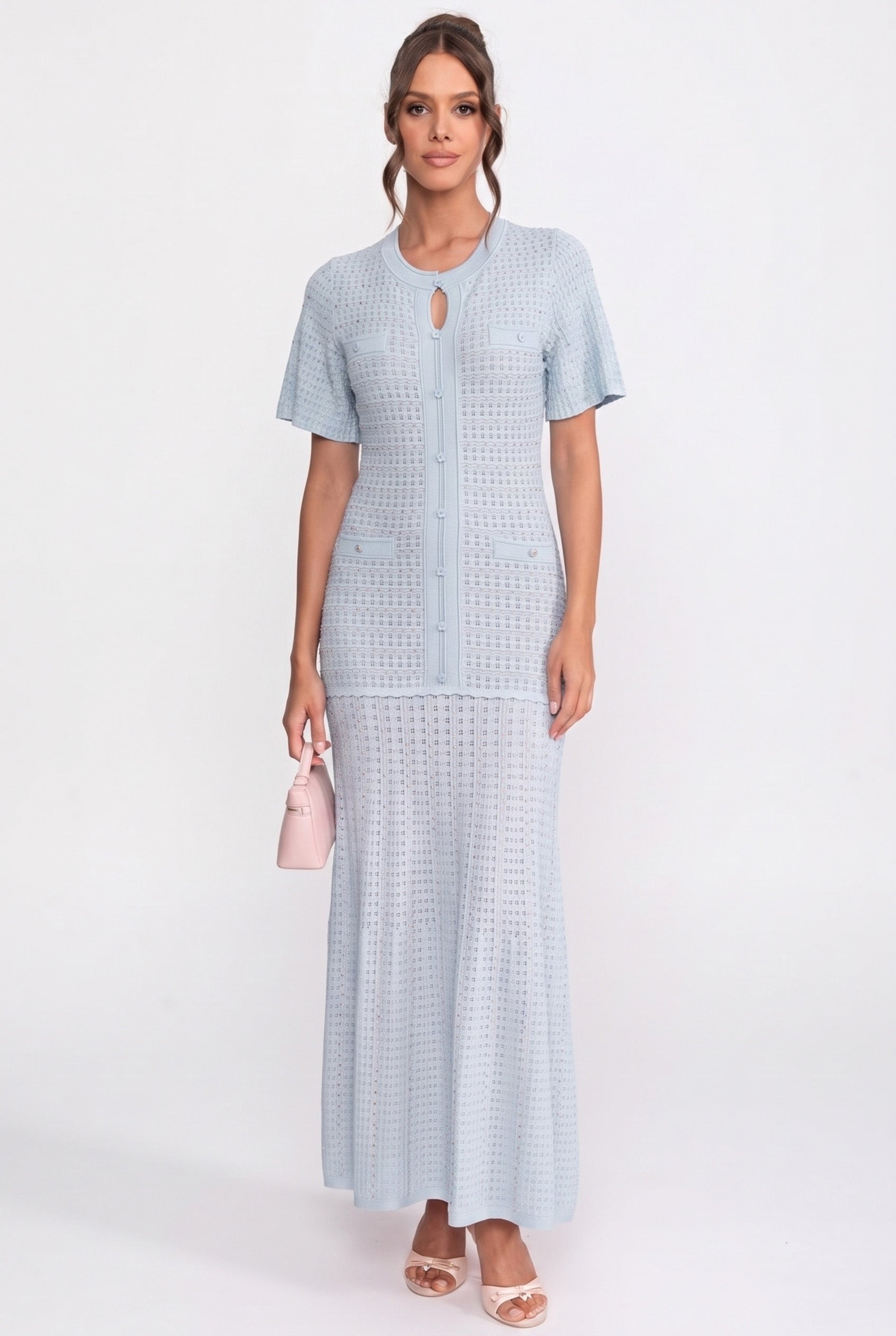 Robe midi à manches courtes avec texture tricotée scintillante - Light Blue 